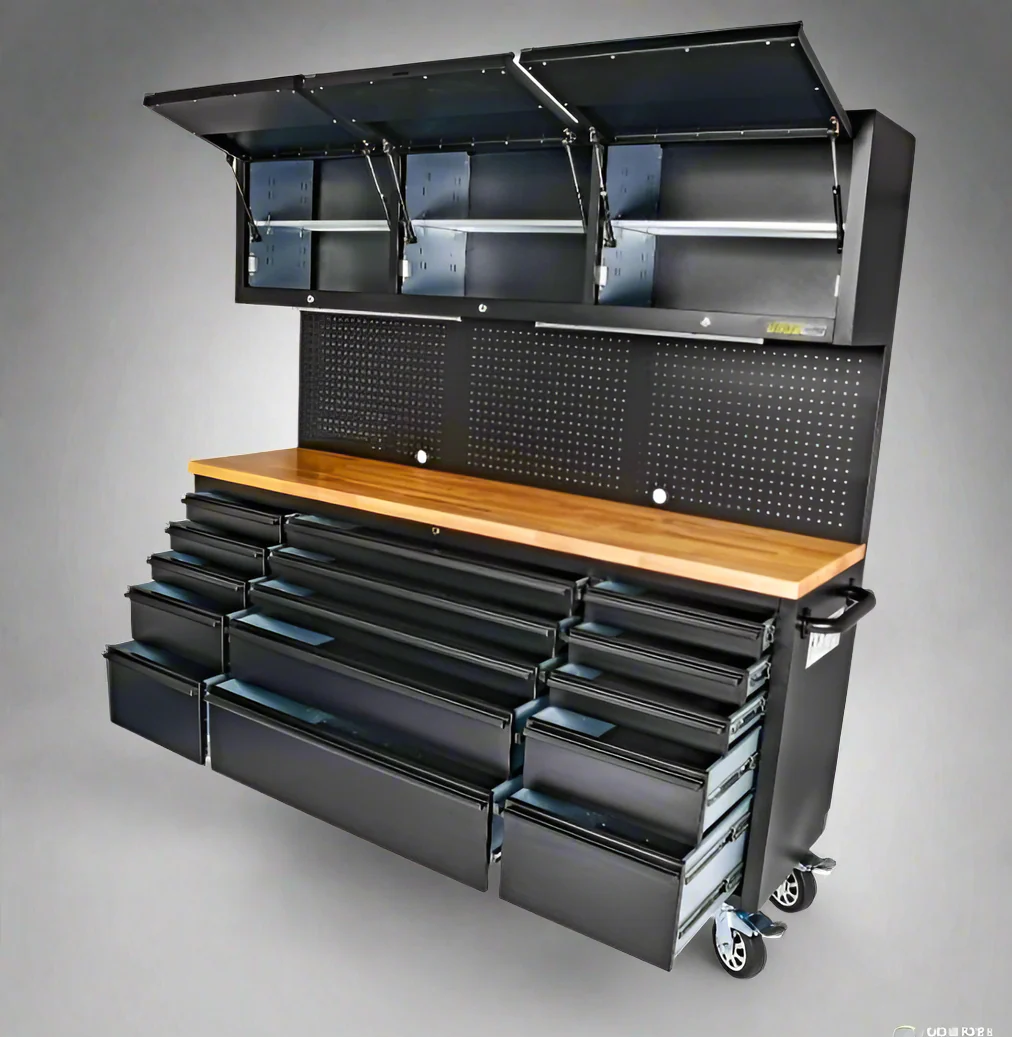 72" 18-Drawer Rolling Tool Chest Workbench – Heavy-Duty Black Steel with Wood Top | Model HTC7218PC - Image 3