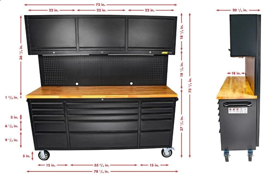 72" 18-Drawer Rolling Tool Chest Workbench – Heavy-Duty Black Steel with Wood Top | Model HTC7218PC - Image 6