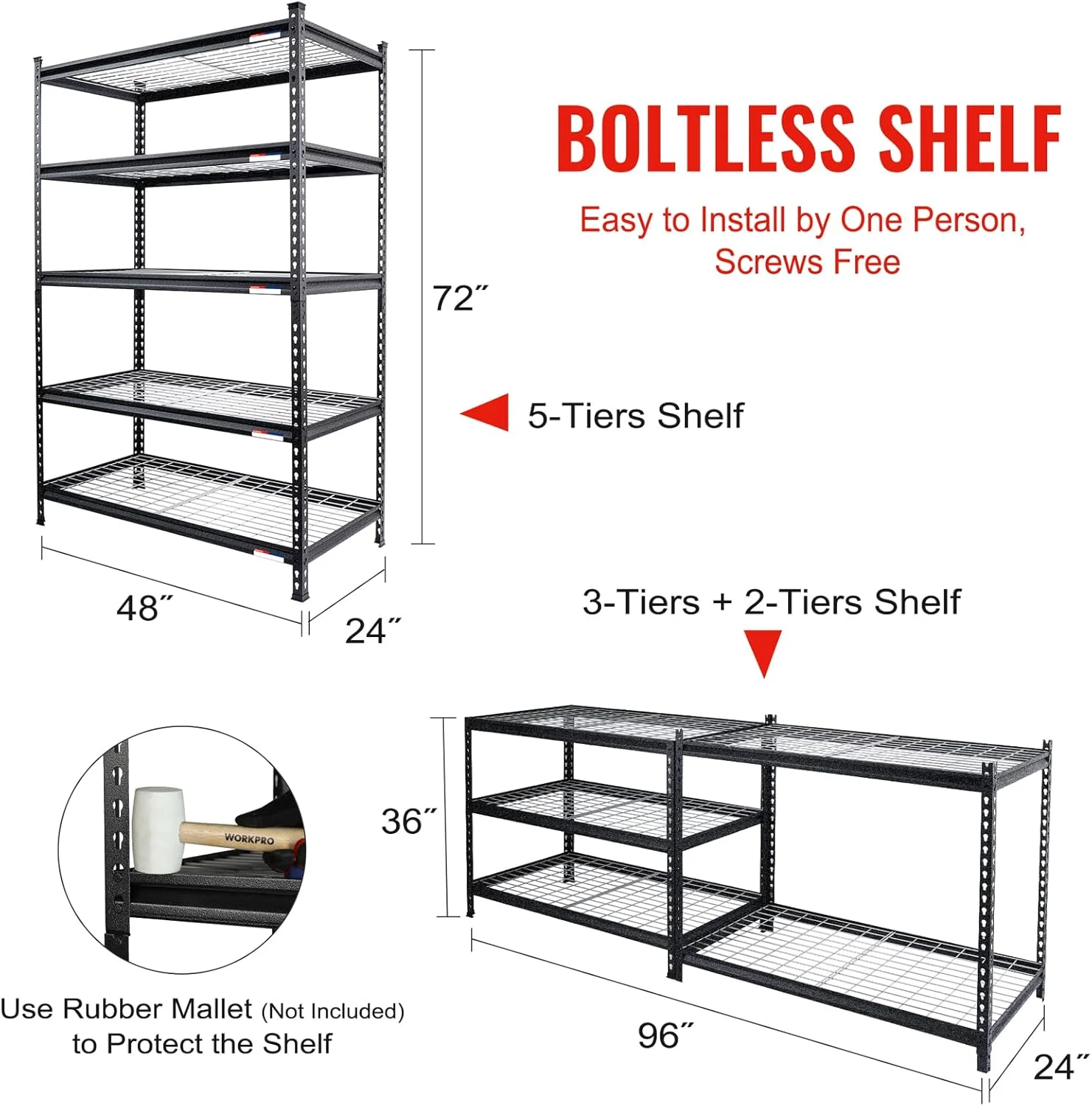 Heavy-Duty 5-Tier Metal Wire Storage Rack – 72" × 47" × 24" Garage Shelving Unit, 2200 lb Capacity | RS724724B - Image 4
