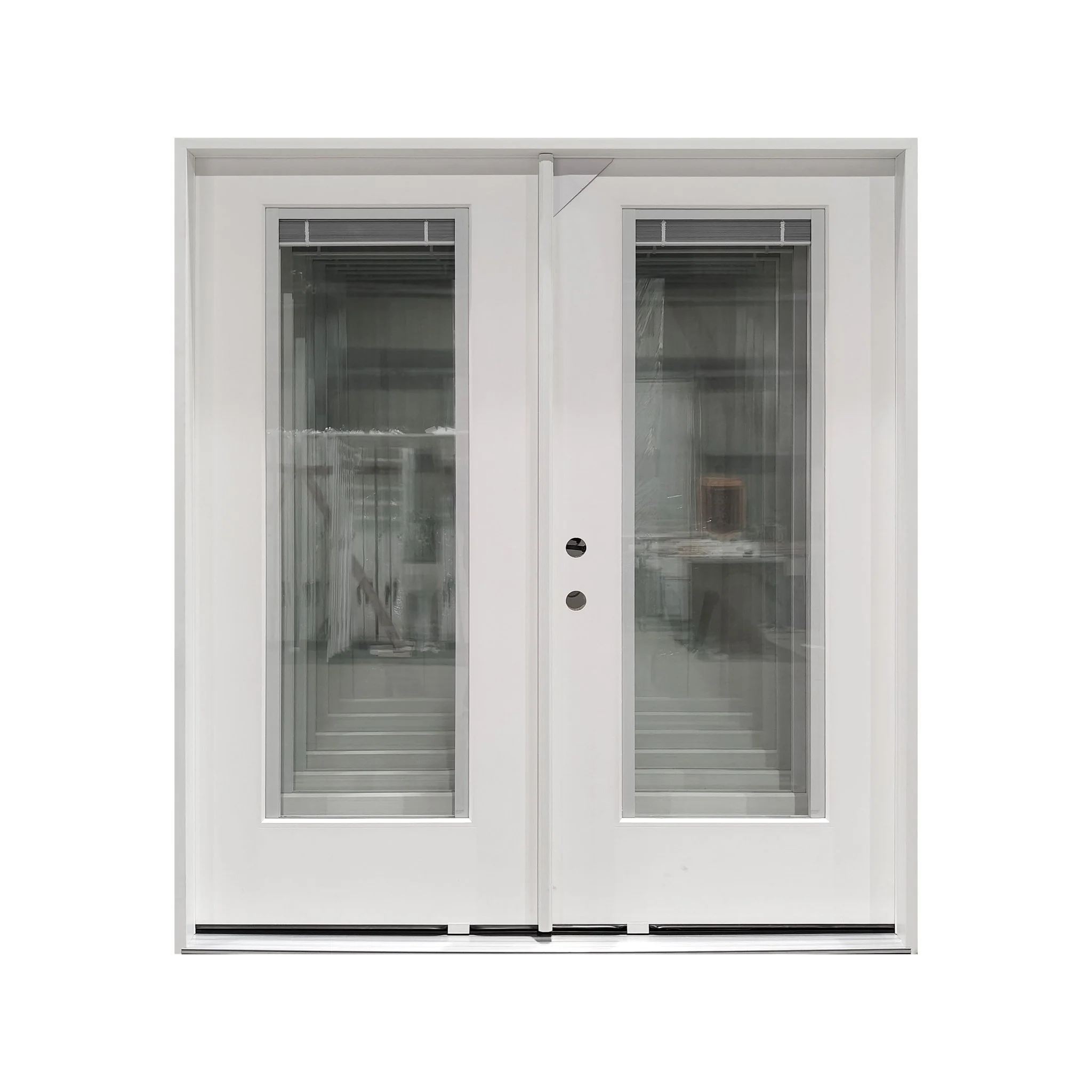 72x80 Double Fiberglass Door with Built-In Blinds Clear Glass Prehung Smooth White Finish Left or Right Active FG00DDLH FG00DDRH