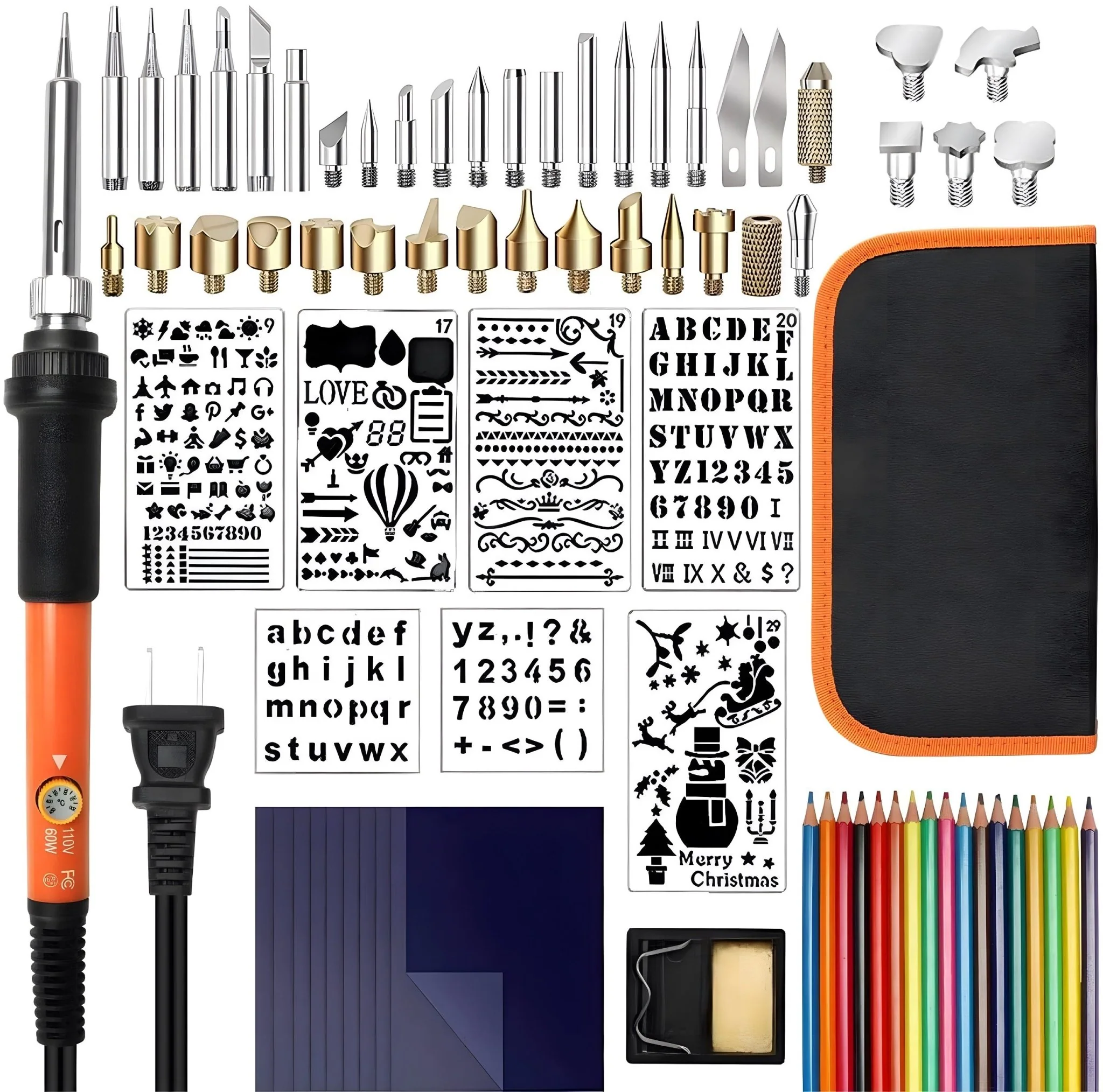 79-Piece Pyrography Wood Burning Kit – Adjustable 200–450°C, 60W Pen with Tips, Stencils & Case 93612 - Image 2