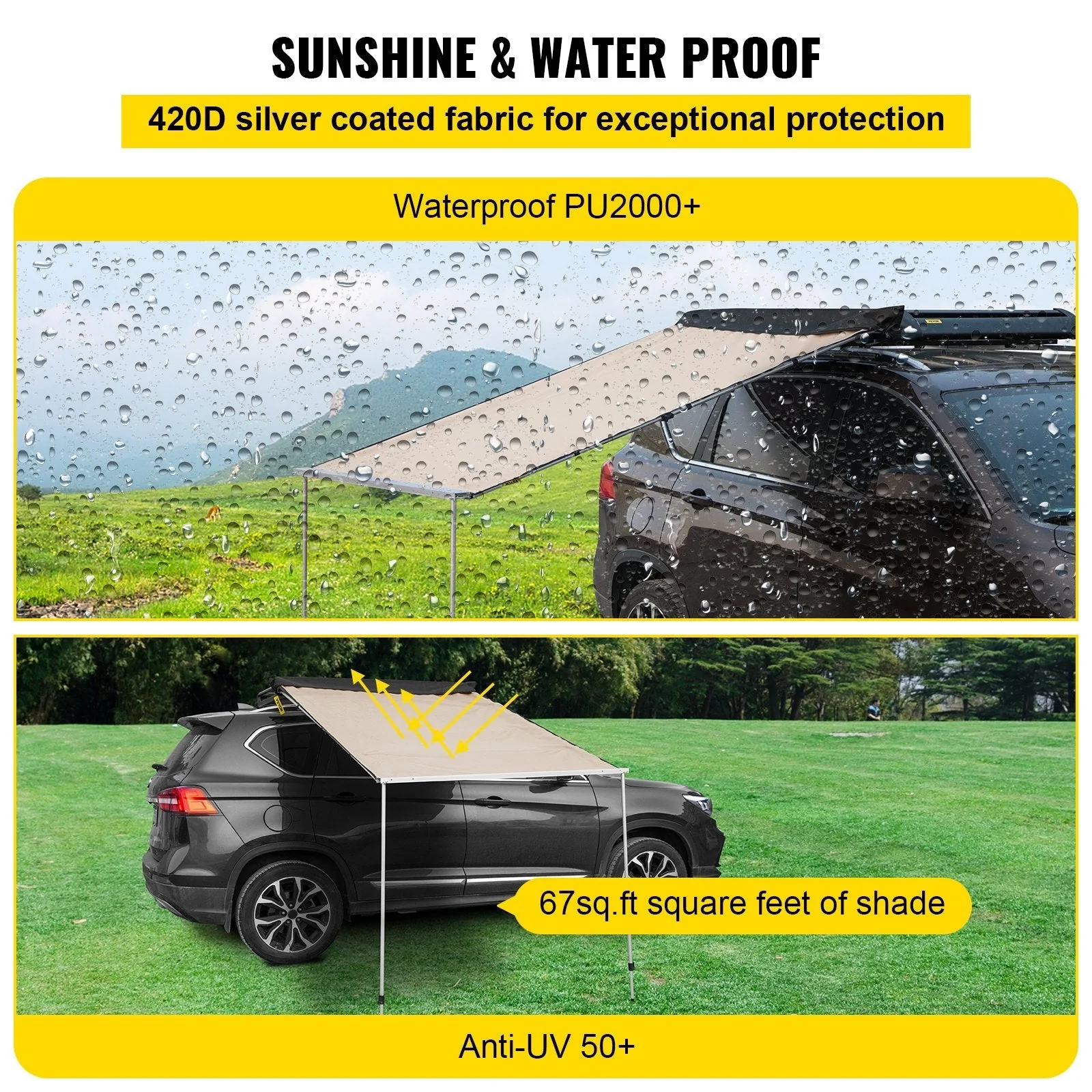 8.2×8.2 ft Retractable Car Side Awning – Waterproof Vehicle Tent with Adjustable Height & UV Protection - Image 3