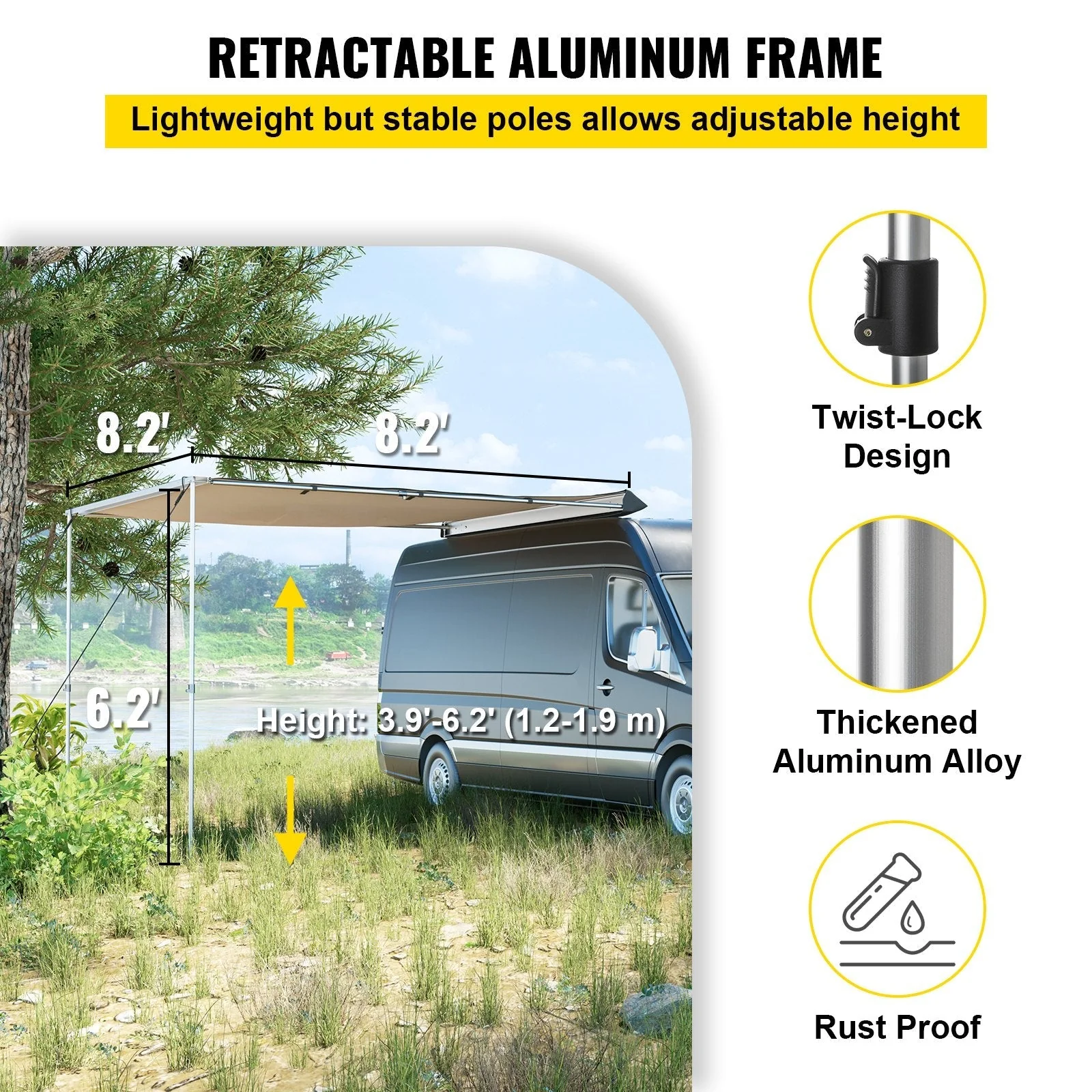 8.2×8.2 ft Retractable Car Side Awning – Waterproof Vehicle Tent with Adjustable Height & UV Protection - Image 4