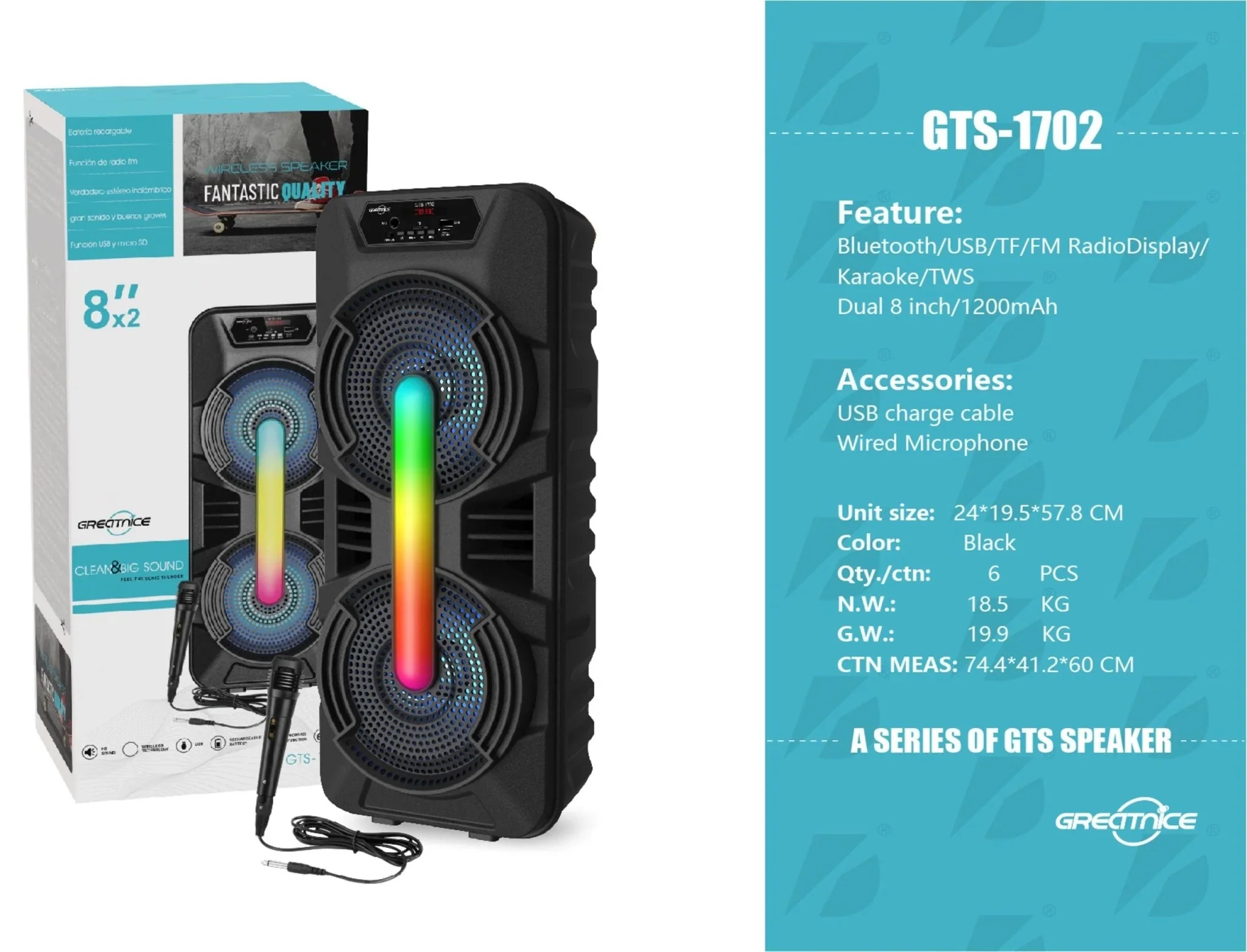 8" Bluetooth Party Speaker with Mic – Rechargeable Sound System, USB/TF/FM, Dual 10W Output | GTS1702 - Image 3