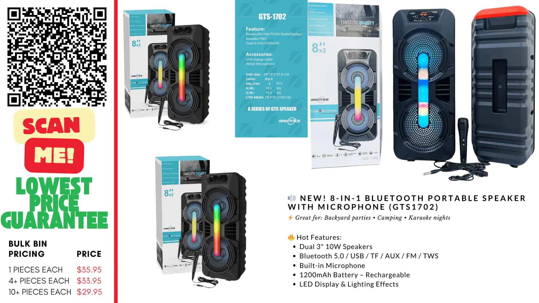 8" Bluetooth Party Speaker with Mic – Rechargeable Sound System, USB/TF/FM, Dual 10W Output | GTS1702 - Image 4
