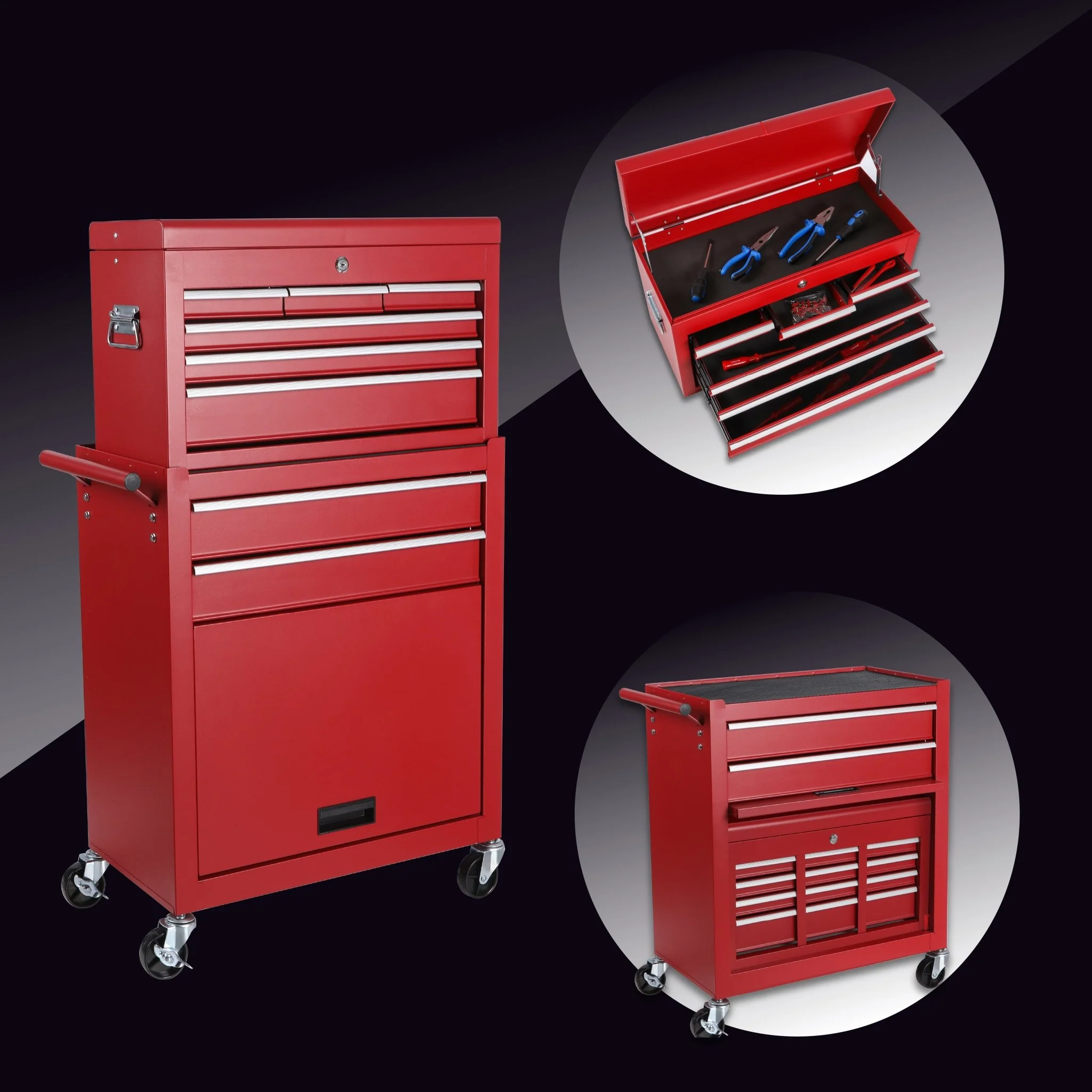 8 Drawer Rolling Tool Cabinet with Casters Heavy Duty Steel Garage Storage – Black Red Blue Orange - Image 20