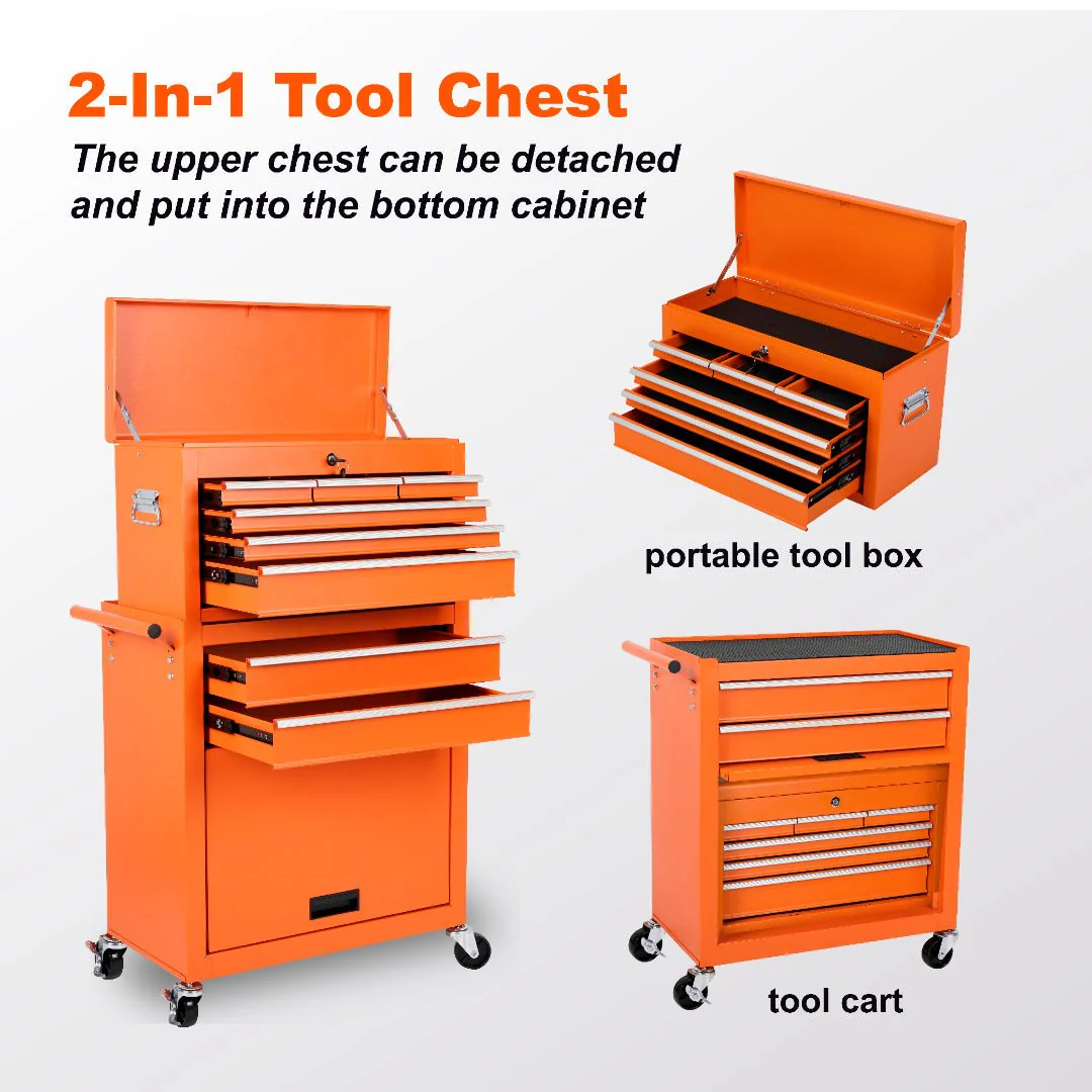 8 Drawer Rolling Tool Cabinet with Casters Heavy Duty Steel Garage Storage – Black Red Blue Orange - Image 35