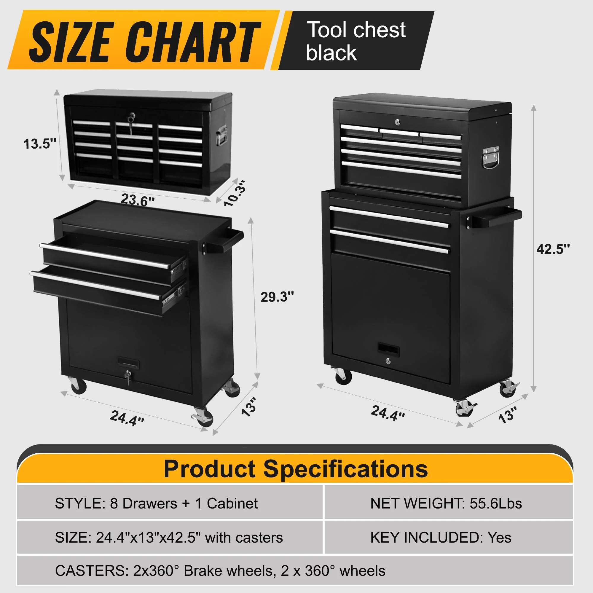 8 Drawer Rolling Tool Cabinet with Casters Heavy Duty Steel Garage Storage – Black Red Blue Orange - Image 7