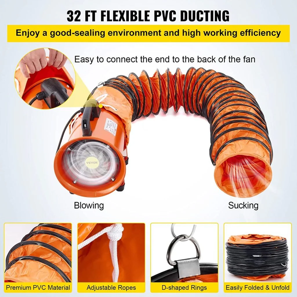 New 8″ High-Velocity Ventilation Blower with 2800 RPM Motor & 32 Ft Flexible PVC Ducting – Industrial Exhaust Fan for Air Circulation & Fume Extraction G001V1 - Image 2
