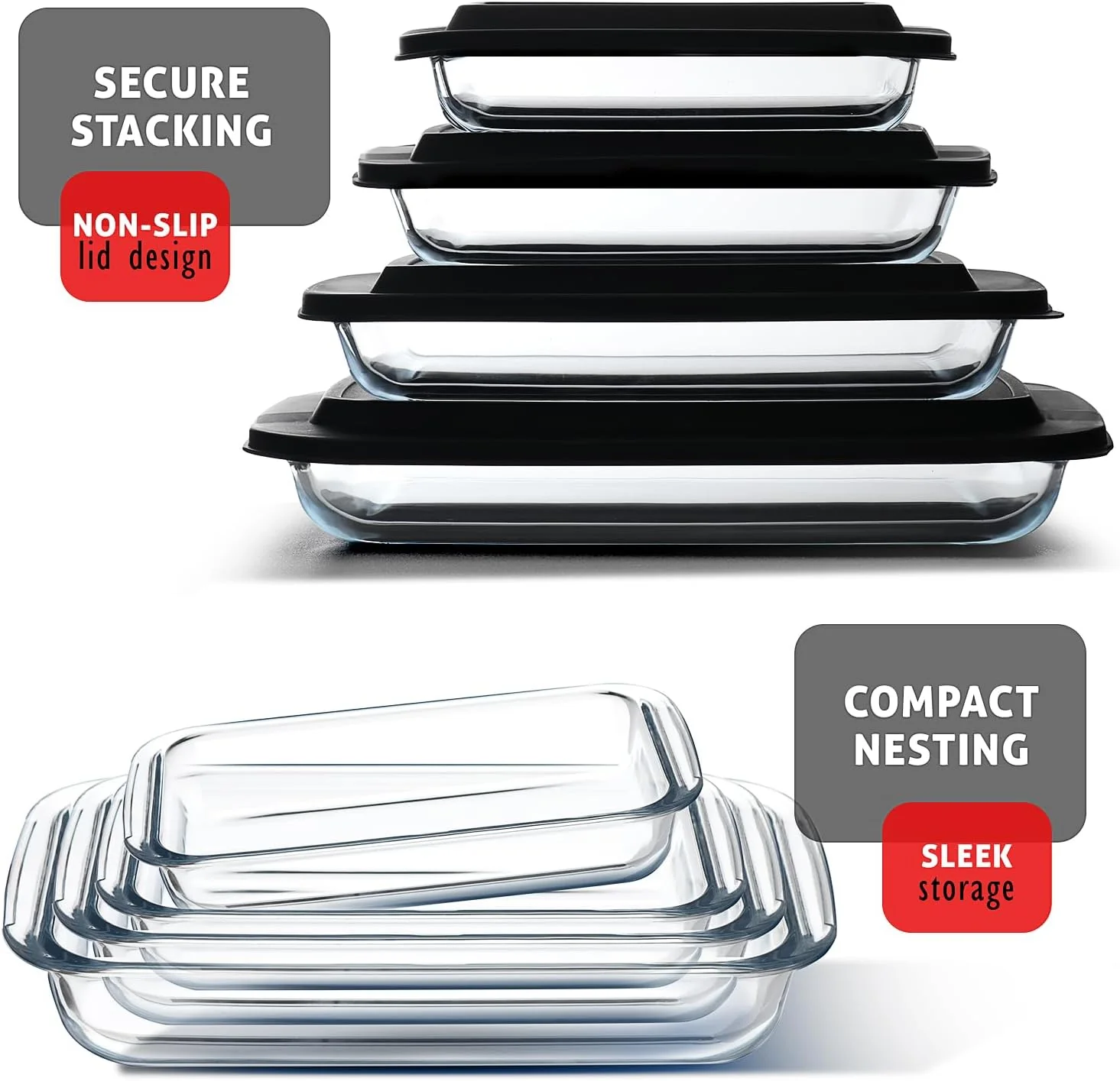 8-Piece Deep Glass Casserole Dish Set with Plastic Lids – Rectangular Freezer-to-Oven Bakeware S8241 - Image 2