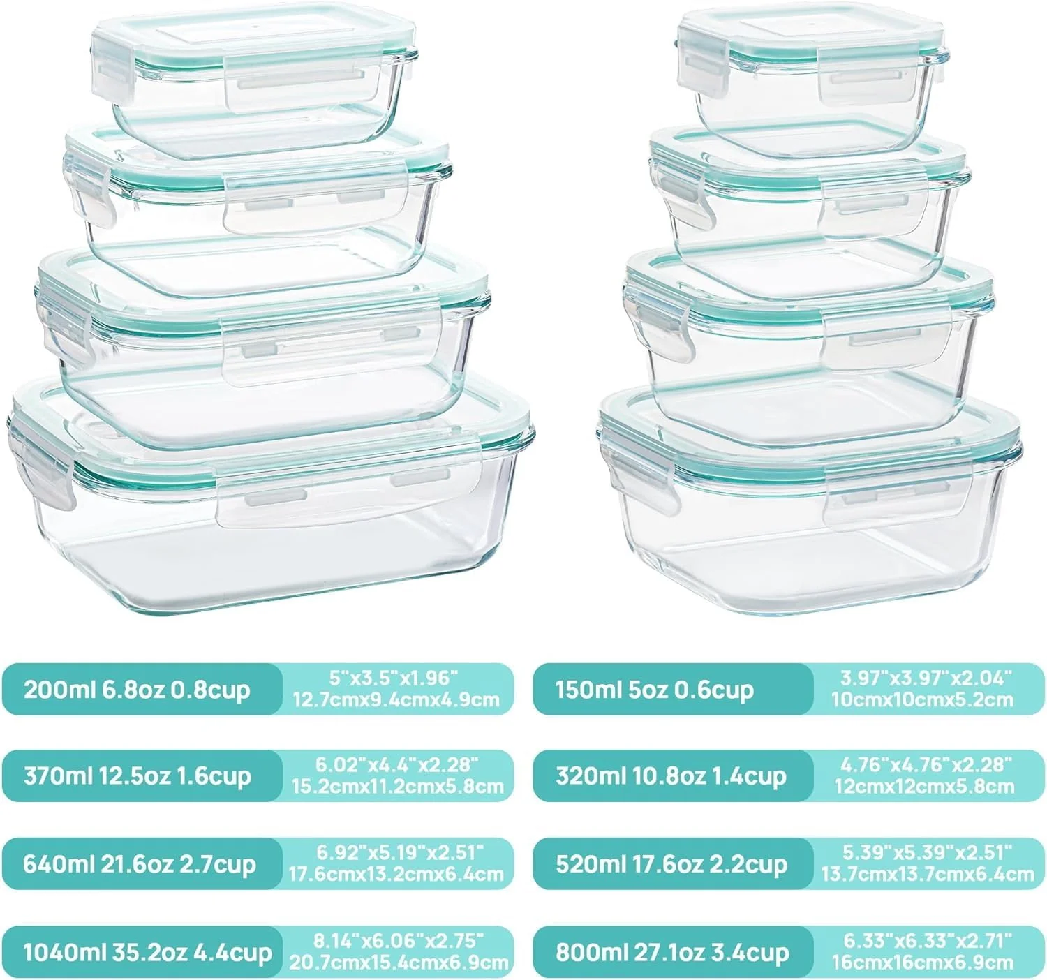 8-Piece Glass Food Storage Container Set Rectangular & Square Airtight Locking Lids Meal Prep S1344 - Image 2