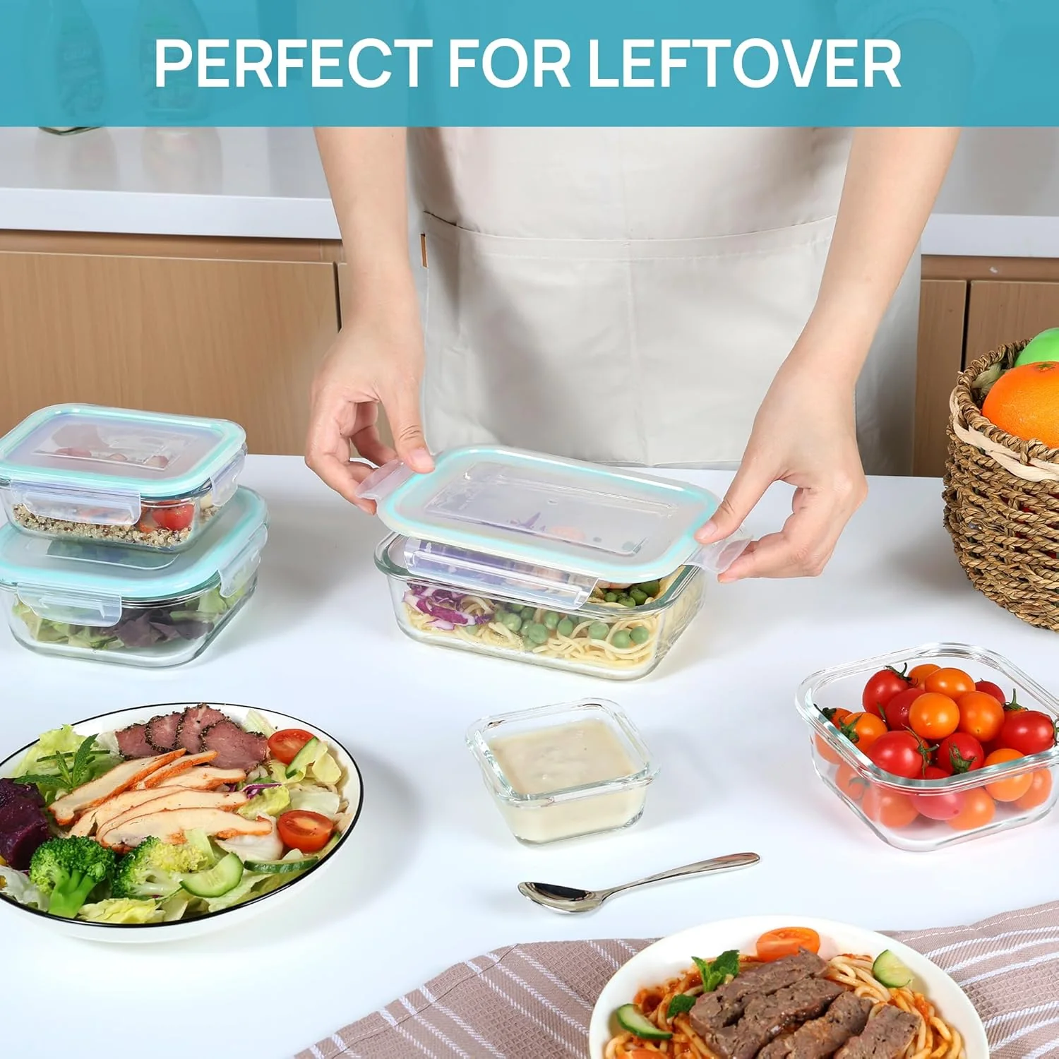 8-Piece Glass Food Storage Container Set Rectangular & Square Airtight Locking Lids Meal Prep S1344 - Image 3
