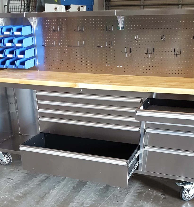 84" Stainless Steel Tool Bench – 11 Drawers, Wood Top & LED Light | 8411D