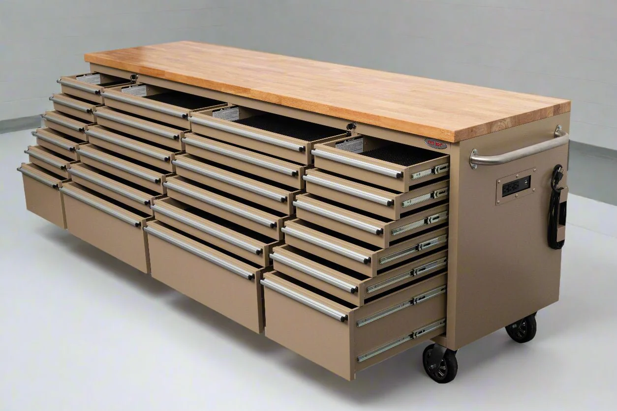8 FT Fatboy 24-Drawer Heavy-Duty Workbench with Power Outlets & USB Charging – Industrial Tool Bench for Garage & Workshop Organization |