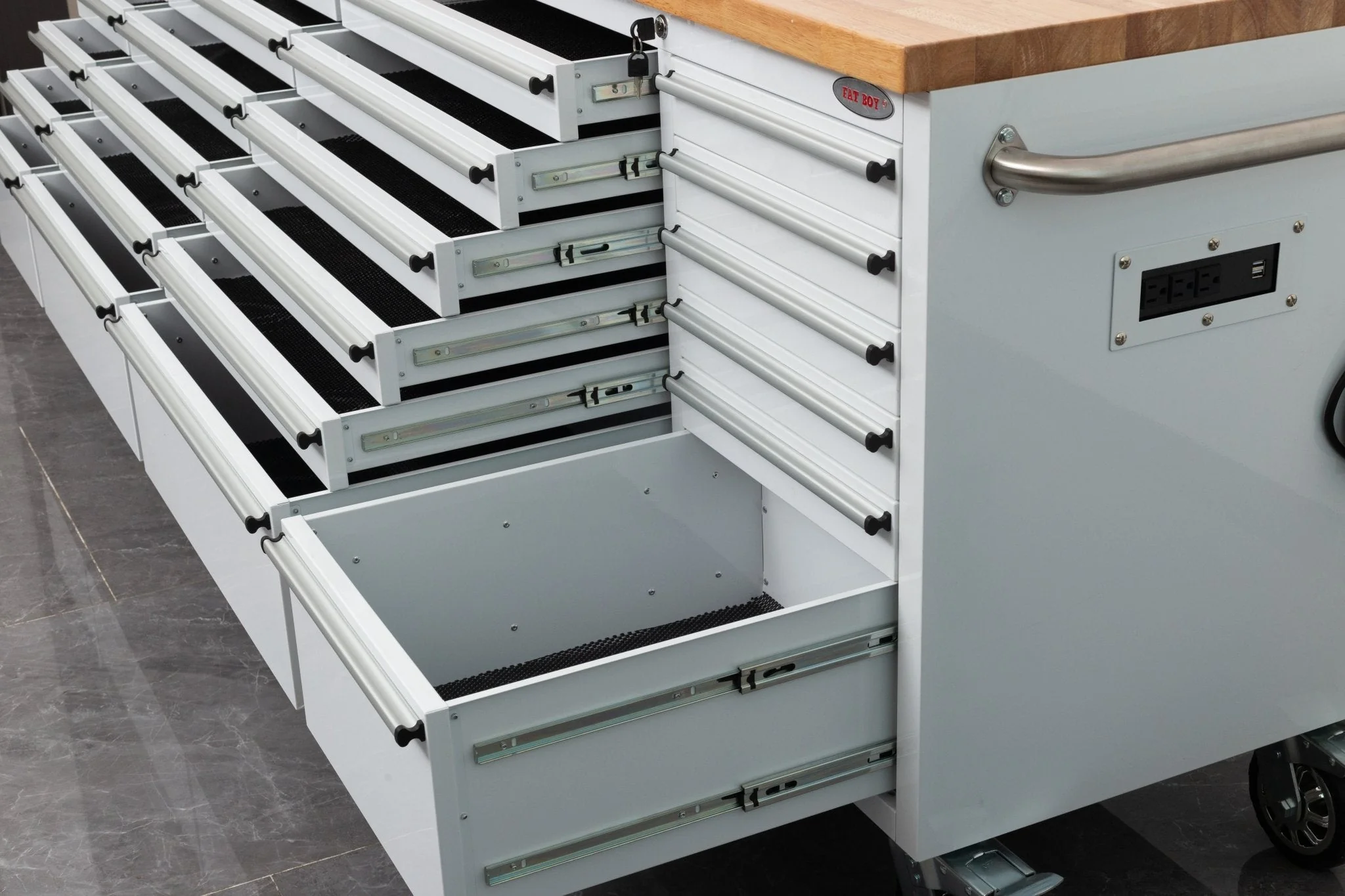 8 FT Fatboy 24-Drawer Heavy-Duty Workbench with Power Outlets & USB Charging – Industrial Tool Bench for Garage & Workshop Organization | - Image 14