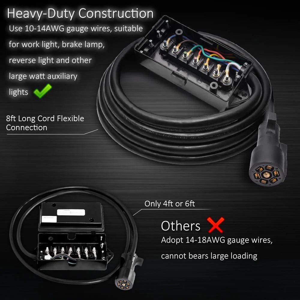 8FT Heavy-Duty 7-Way Trailer Plug & Junction Box – Inline Wiring Harness | 0090038 - Image 2