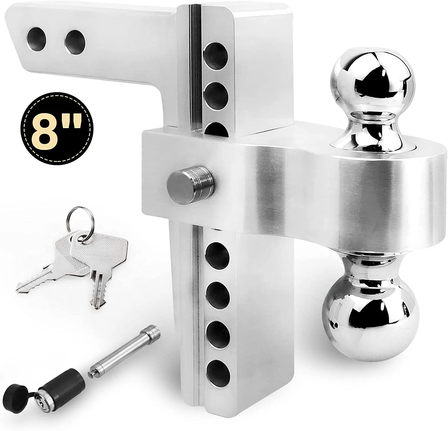 Adjustable Aluminum Trailer Hitch Ball Mount – 8" Drop/Rise, Dual Ball (2" & 2-5/16"), 12,500 lbs Towing Capacity – Fits 2" Receiver