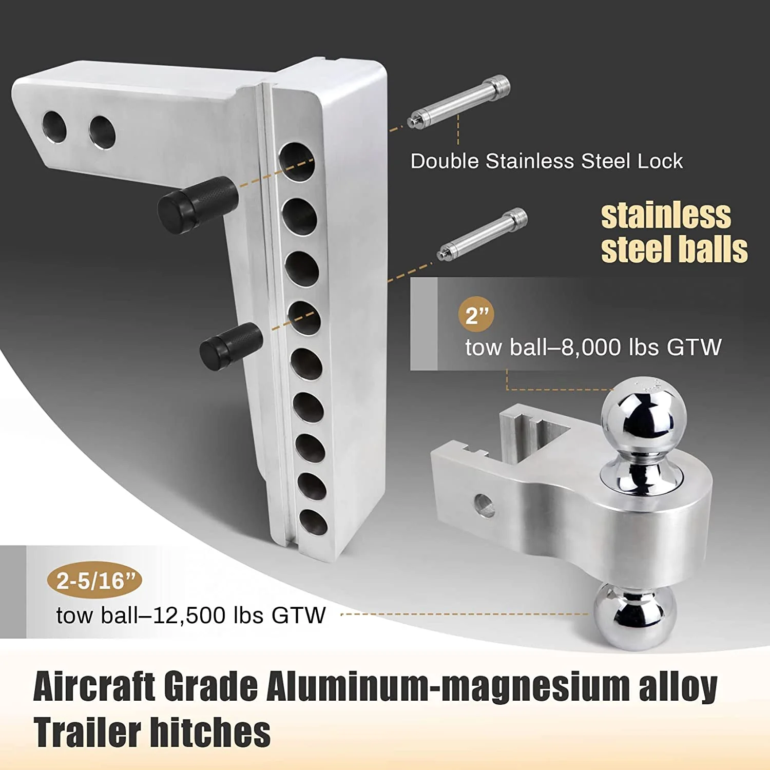 Adjustable Aluminum Trailer Hitch Ball Mount – 8" Drop/Rise, Dual Ball (2" & 2-5/16"), 12,500 lbs Towing Capacity – Fits 2" Receiver - Image 3