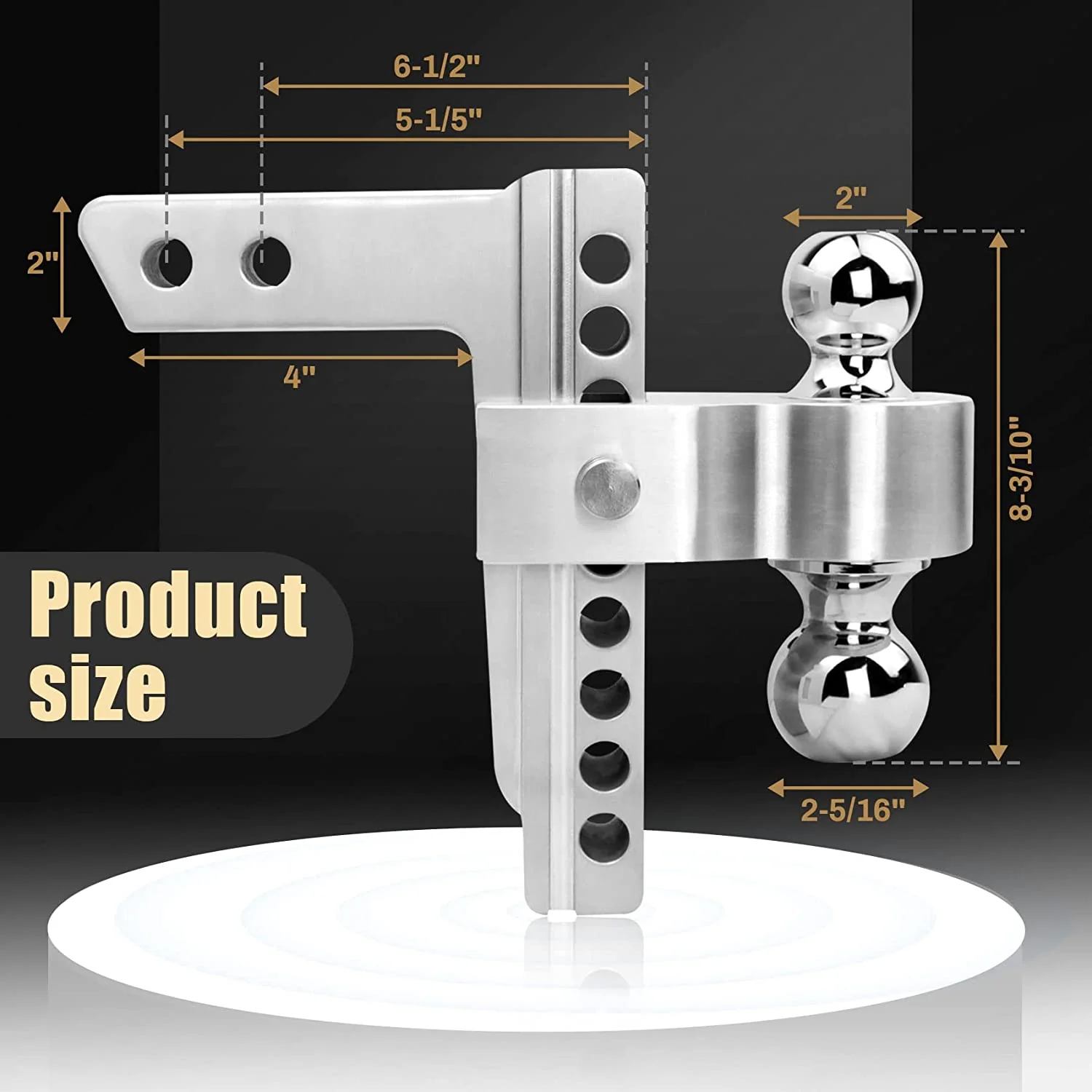 Adjustable Aluminum Trailer Hitch Ball Mount – 8" Drop/Rise, Dual Ball (2" & 2-5/16"), 12,500 lbs Towing Capacity – Fits 2" Receiver - Image 4
