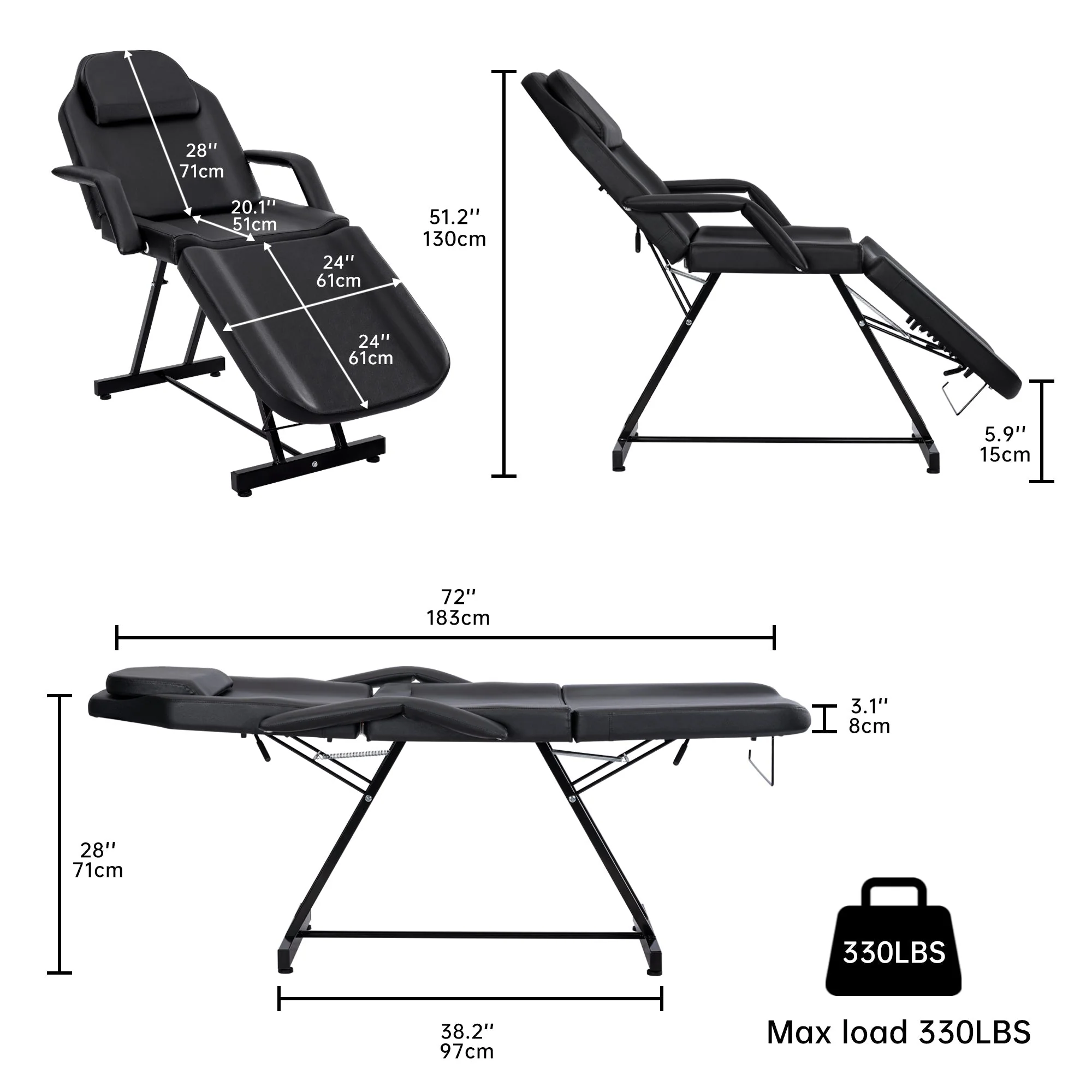 Adjustable Reclining Massage Table – Spa Facial Chair with Armrests & 330 lb Max Load | SKU: AMRMT1880 - Image 5