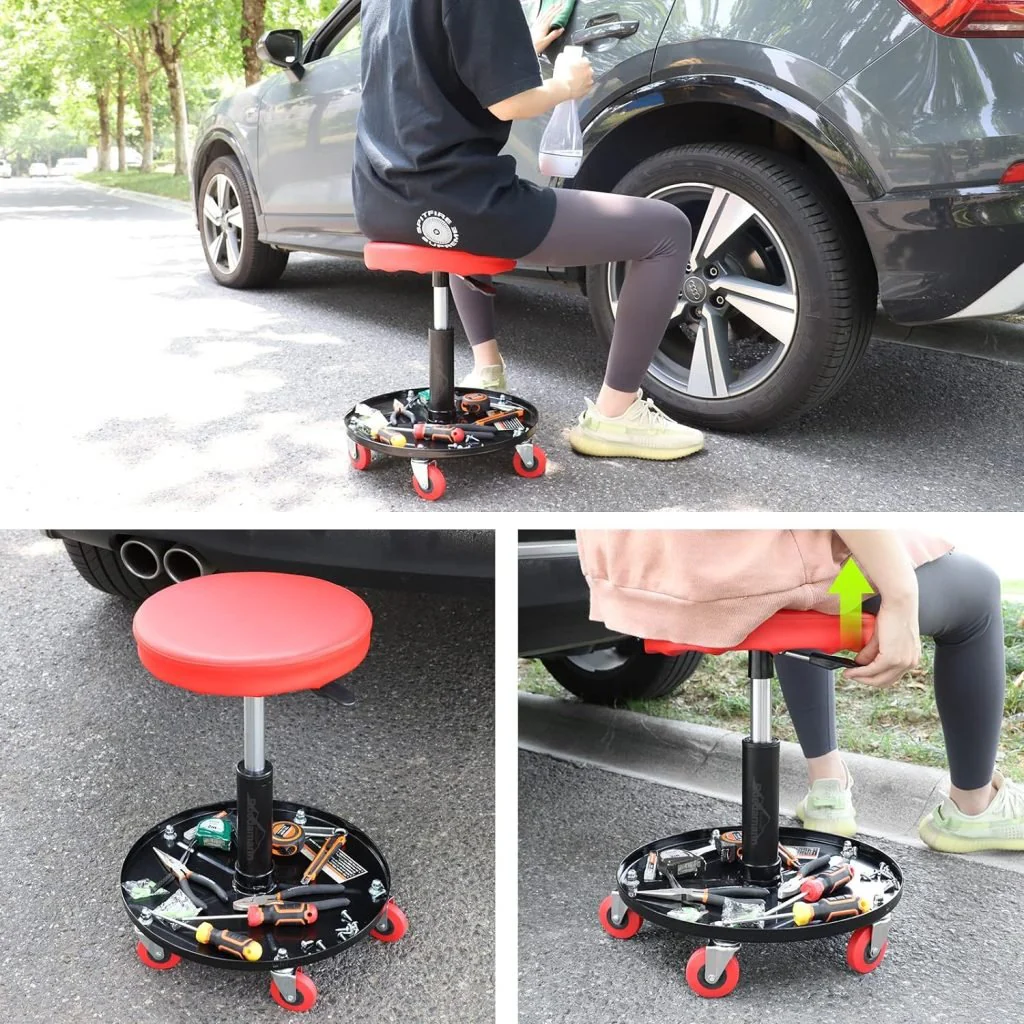 New Adjustable Rolling Garage Stool with Tool Tray – Heavy-Duty Mobile Workshop Seat S1247 - Image 5
