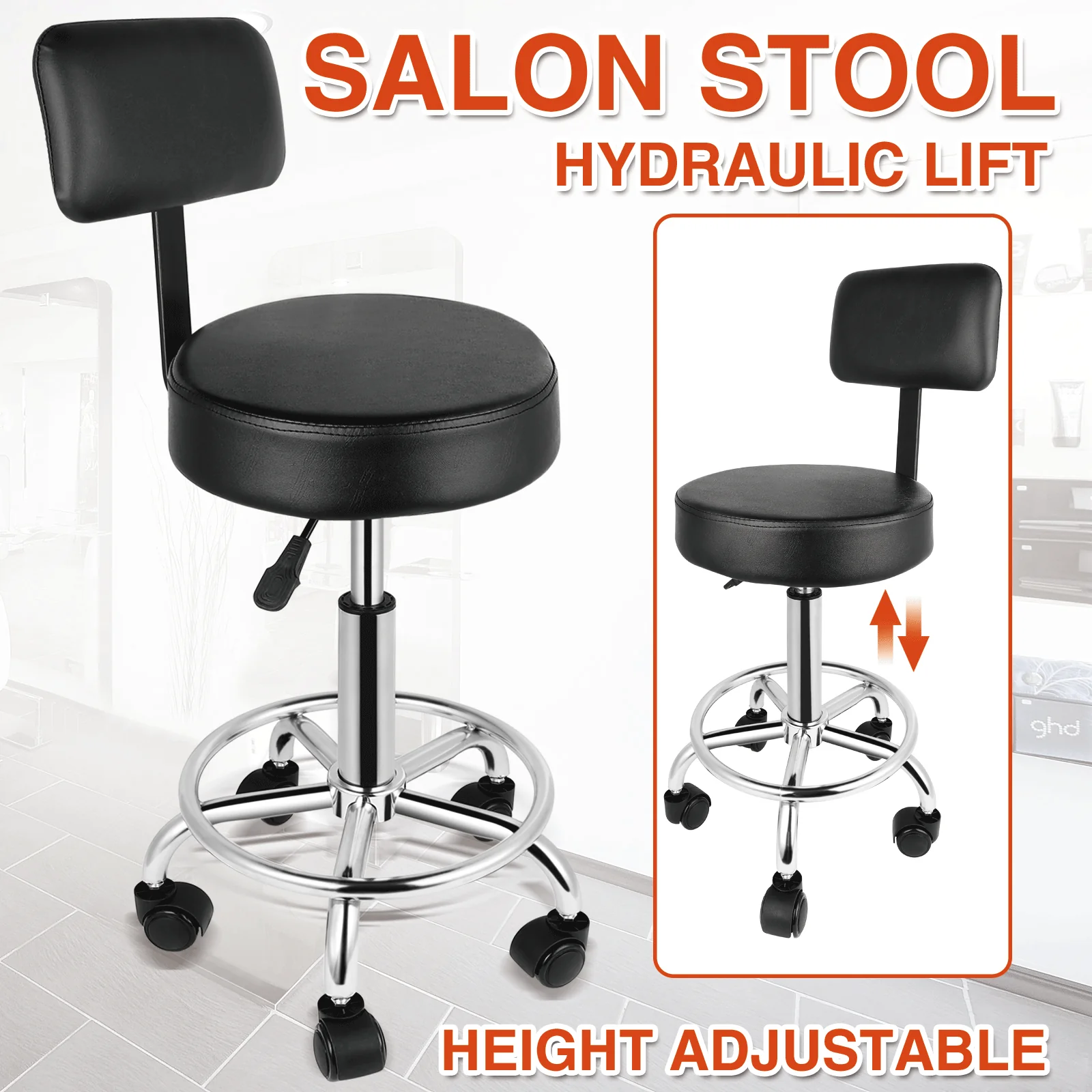 Adjustable Salon Stool with Wheels & Backrest – MSR1/MSR2/MSR3 Series
