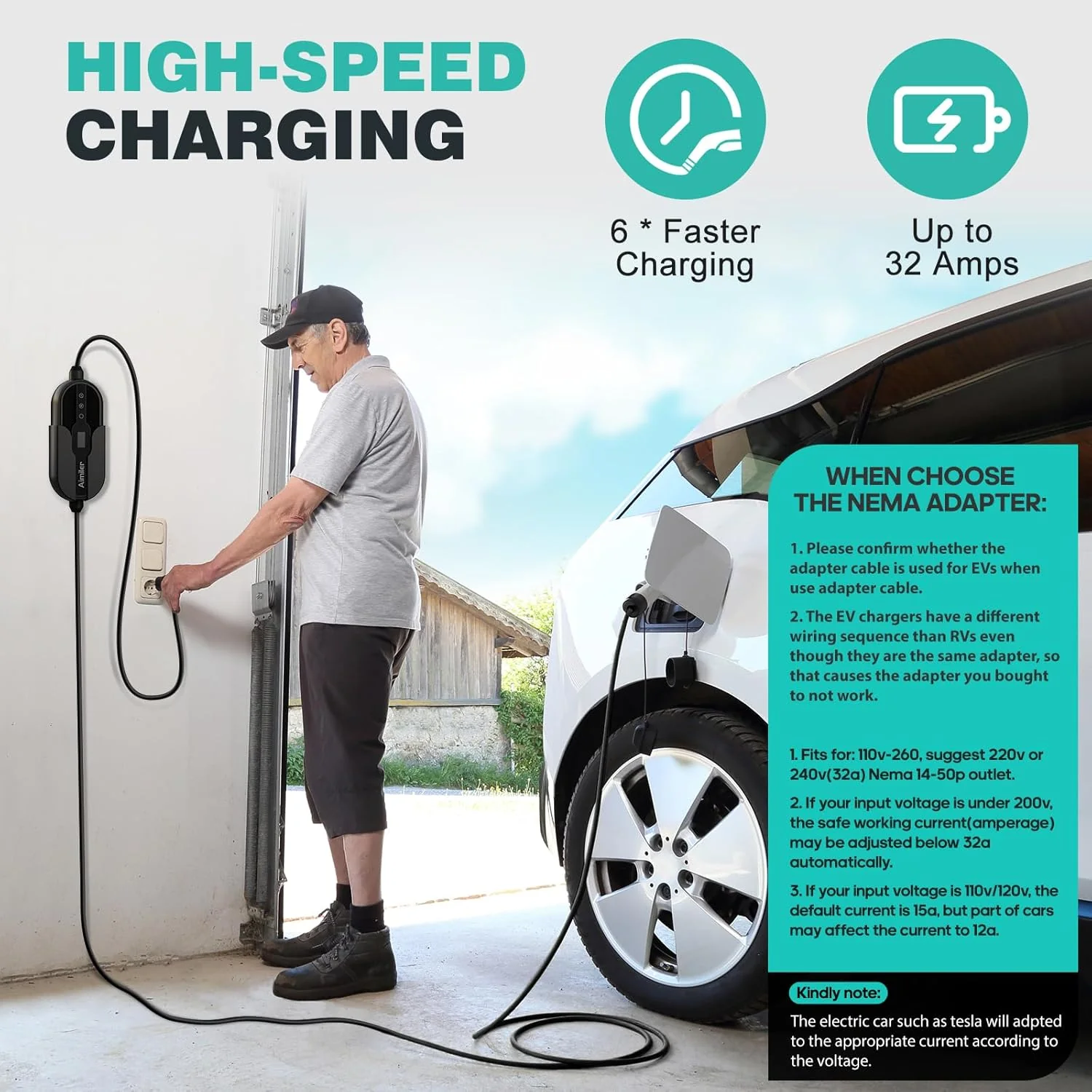 AIMILER Level 2 EV Charger – 32A, 240V, NEMA 14-50 Plug, 25FT Cable, WiFi & Timer - Image 4