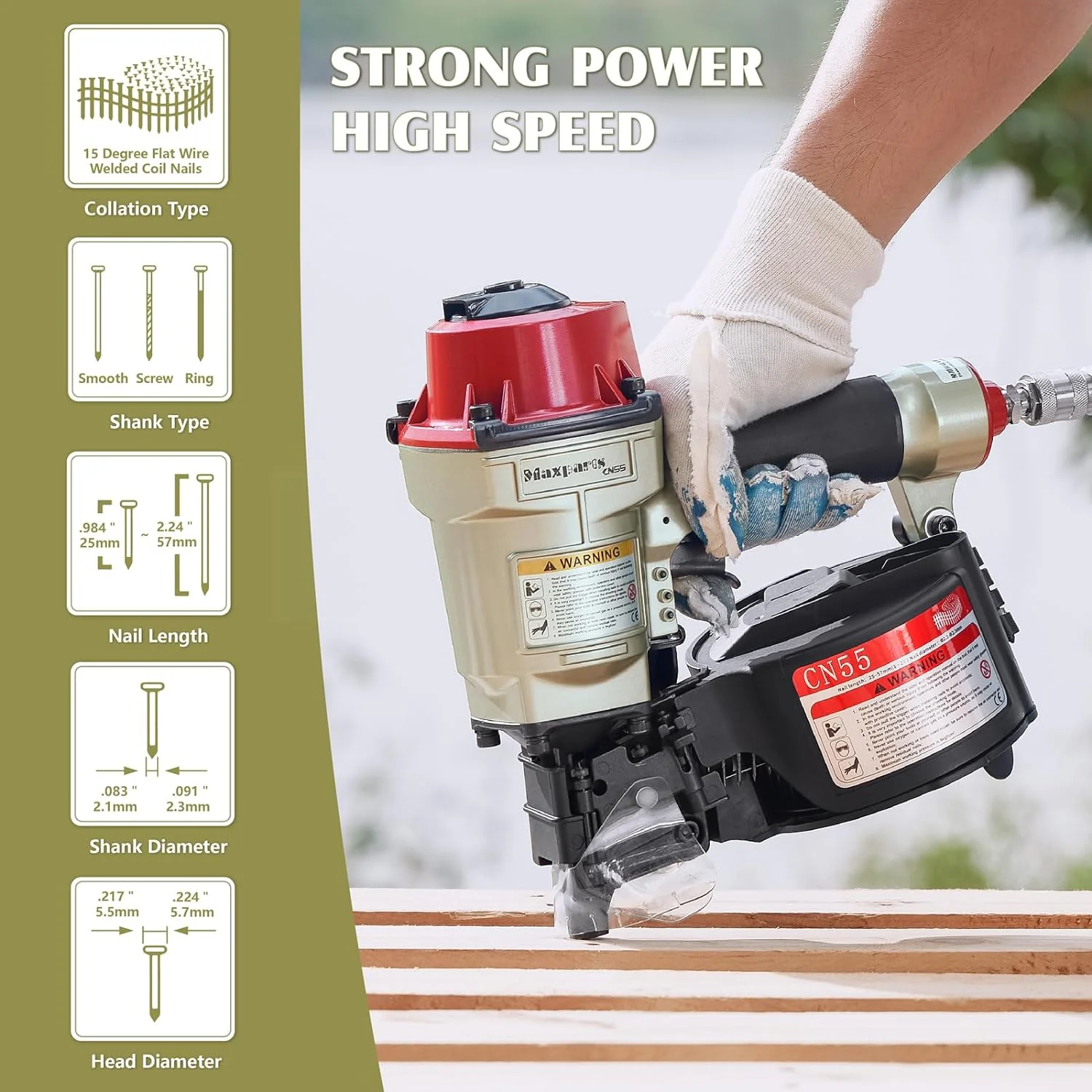 Air Coil Nail Gun – 1"–2-1/4" Industrial Coil Nailer 120 PSI CN55 - Image 2