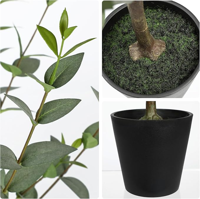 Arborus 22-Inch Artificial Eucalyptus Plant – Realistic Faux Greenery in Black Pot for Home Office Décor - Image 3