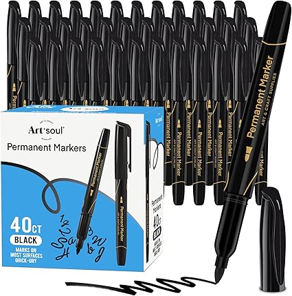 Art+soul Permanent Markers 40 Pack Black Fine Point Quick Dry Waterproof Marker Set