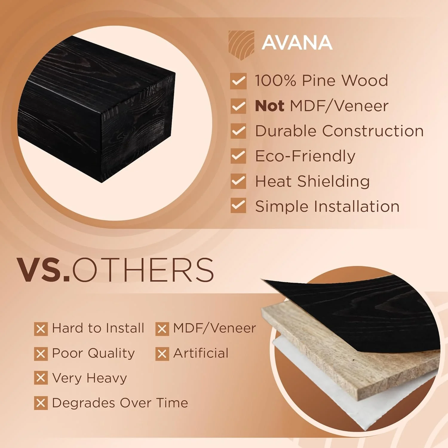 Avana Handcrafted Fireplace Mantle – Natural Wood, Espresso Finish (48" x 8" x 3") - Image 2