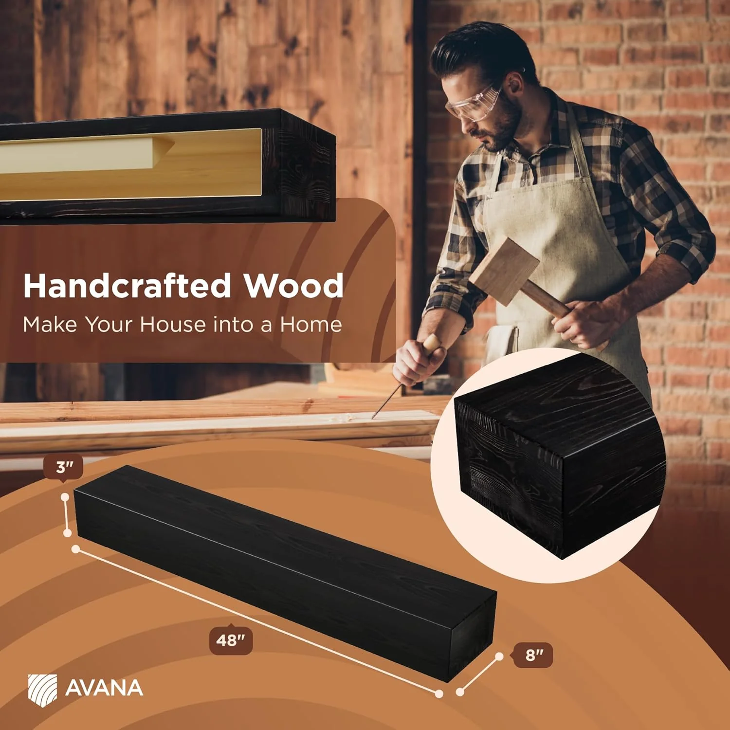 Avana Handcrafted Fireplace Mantle – Natural Wood, Espresso Finish (48" x 8" x 3") - Image 5