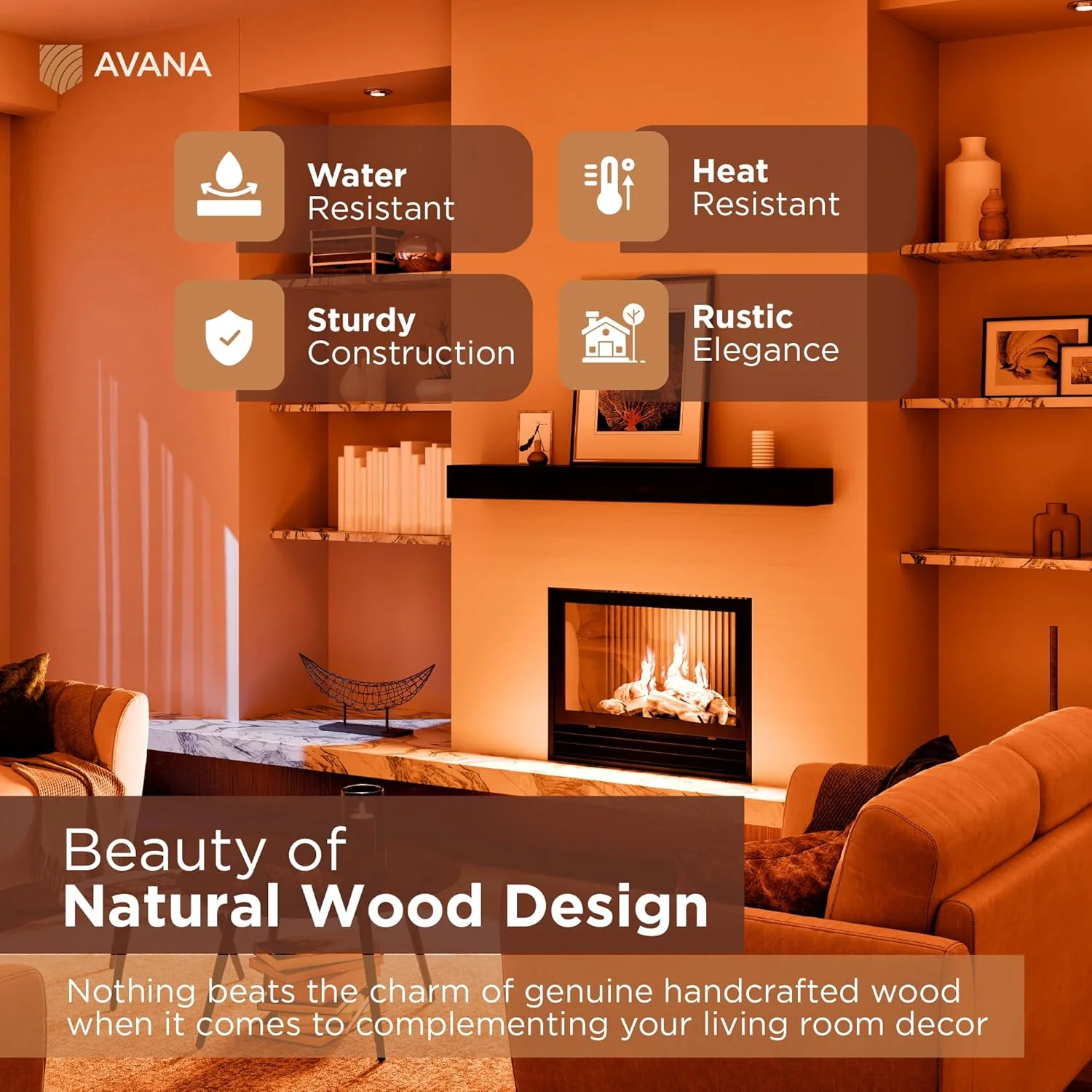 Avana Handcrafted Fireplace Mantle – Natural Wood, Espresso Finish (48" x 8" x 3") - Image 6