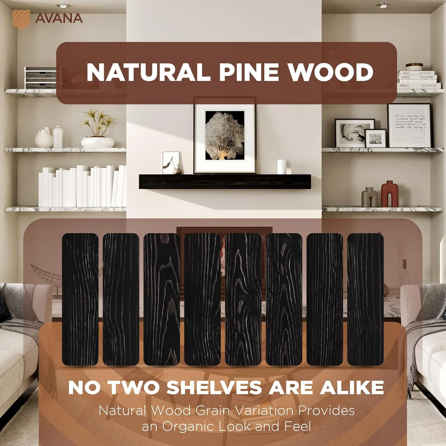 Avana Handcrafted Fireplace Mantle – Natural Wood, Espresso Finish (48" x 8" x 3") - Image 7