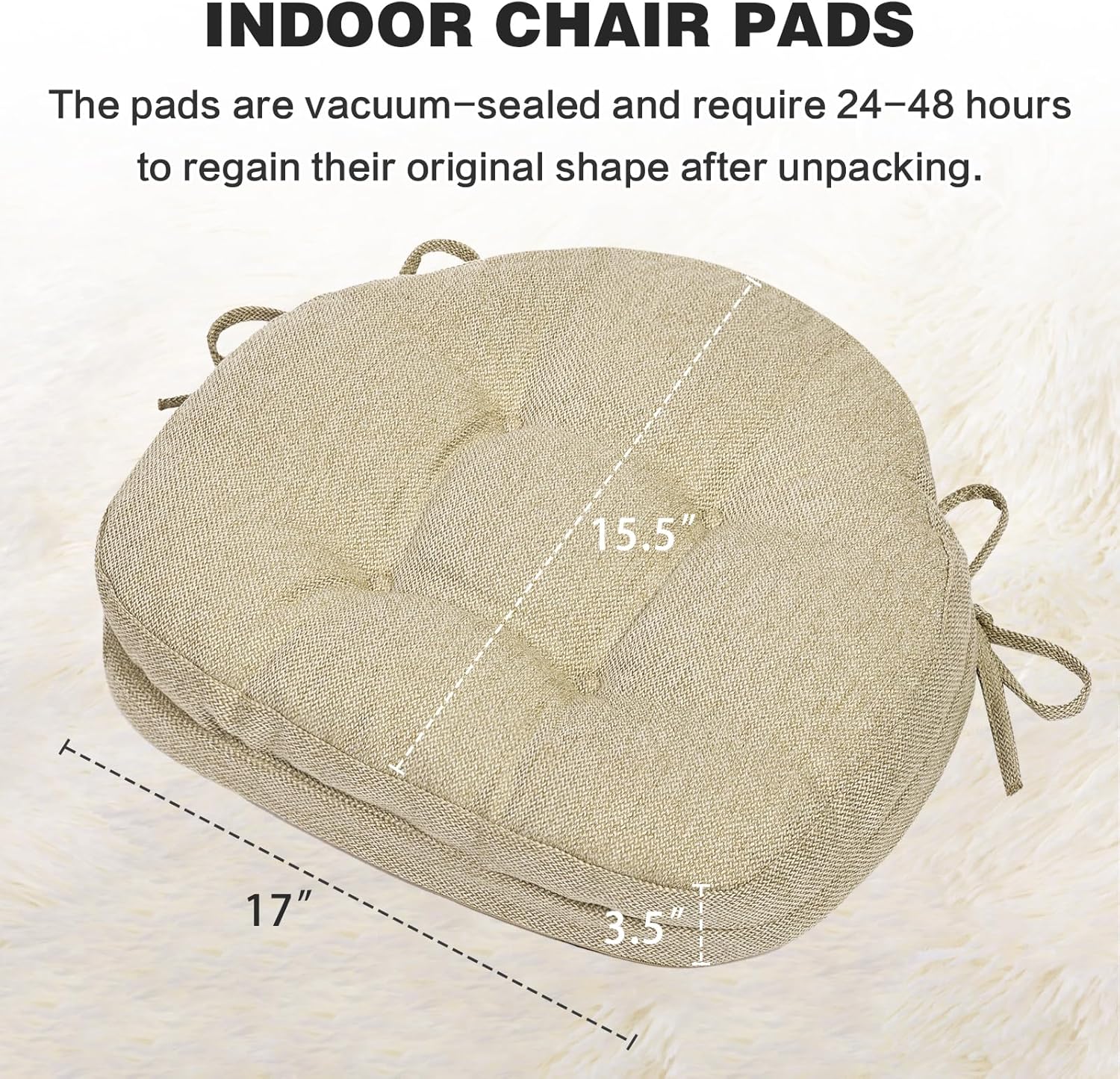 baibu Dining Chair Cushions Set of 2, Dual-Layer Patented Design Memory Foam Windsor Seat Pads, Kitchen Chair Cushions with Ties & Textured Cover, 17x 15.5 x 3.5in, 2 Pack, Beige - Image 3