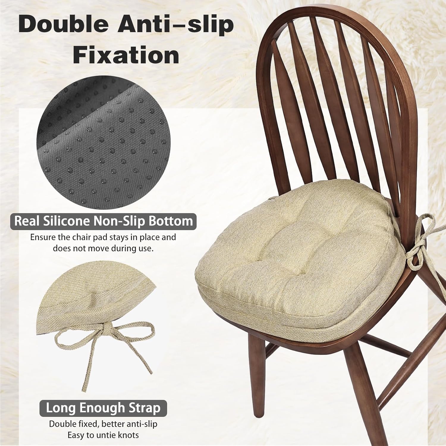 baibu Dining Chair Cushions Set of 2, Dual-Layer Patented Design Memory Foam Windsor Seat Pads, Kitchen Chair Cushions with Ties & Textured Cover, 17x 15.5 x 3.5in, 2 Pack, Beige - Image 4