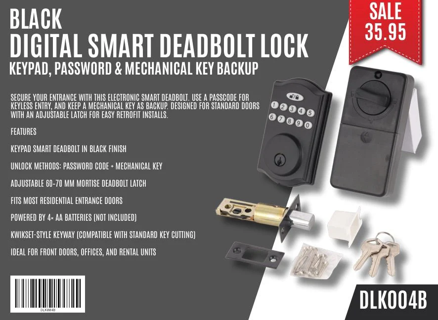 Black Digital Smart Deadbolt Lock – Keypad, Password & Mechanical Key Backup – DLK004B