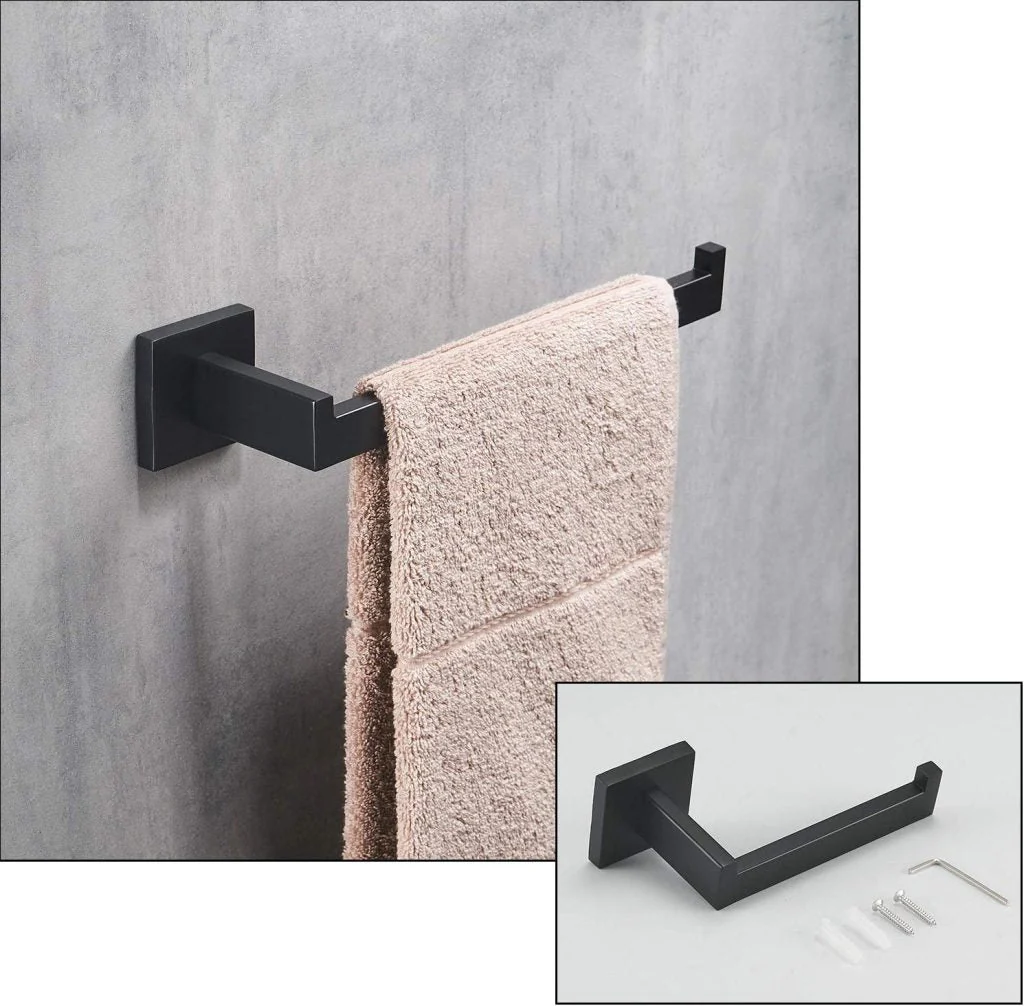 New 4-Piece Black Matte Bathroom Hardware Set – Modern Towel Bar, Ring, Hook & Toilet Paper Holder 814432 - Image 4