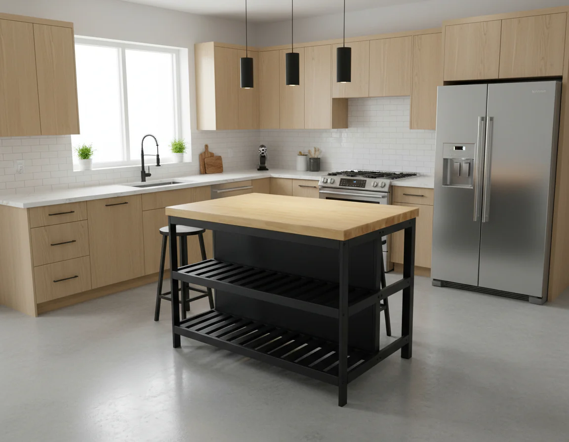 Black Solid Wood Kitchen Island VADHOLMA Stockholm – Free-Standing Prep Station with Storage & Rustic Top – KI4931