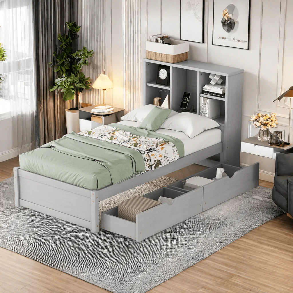 Bookcase Headboard Bed with USB Charging Station & Storage Drawers – Twin, Full, Queen Sizes Modern Bed Frame with Shelving, USB Ports, and Underbed Storage – BED049G Series