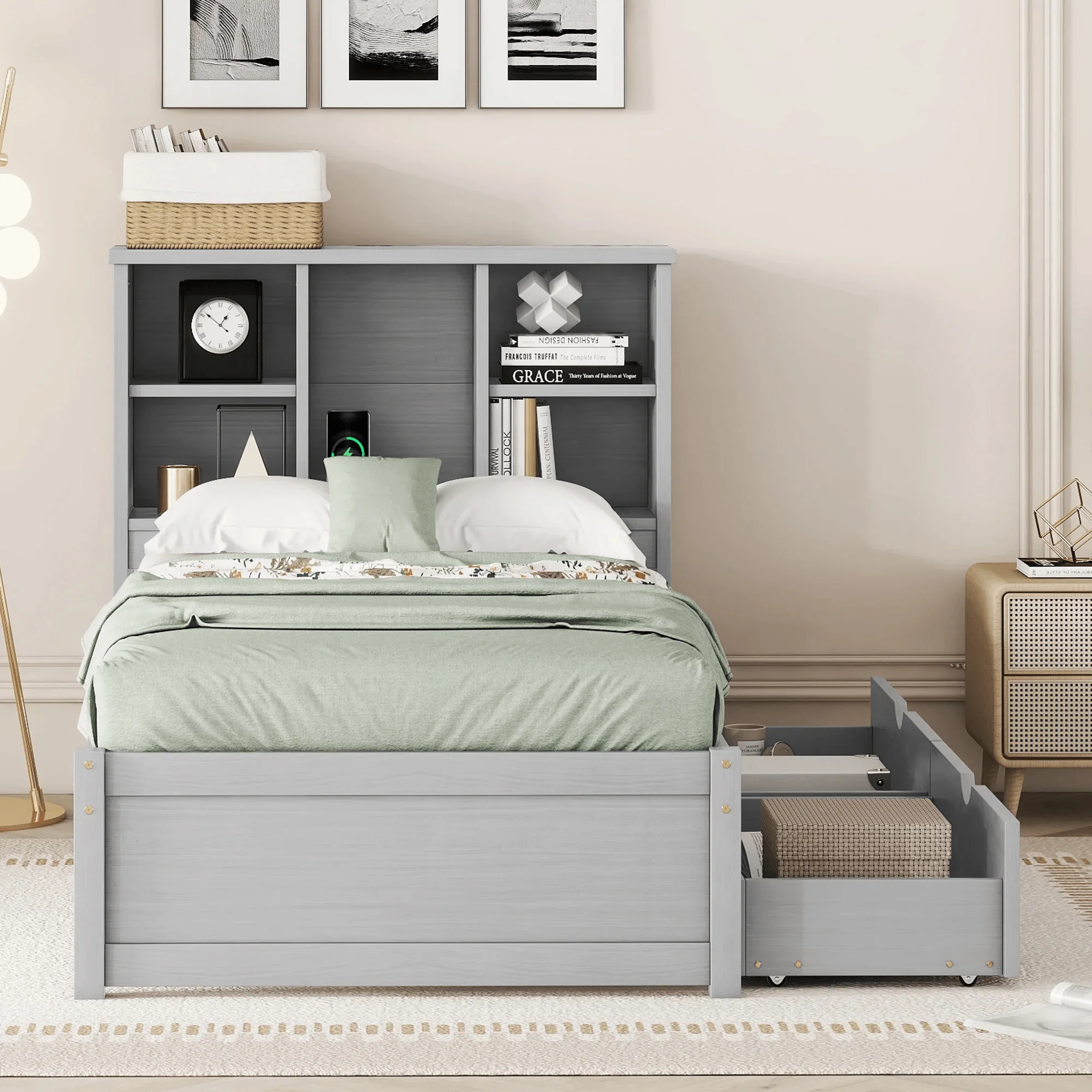 Bookcase Headboard Bed with USB Charging Station & Storage Drawers – Twin, Full, Queen Sizes Modern Bed Frame with Shelving, USB Ports, and Underbed Storage – BED049G Series - Image 8