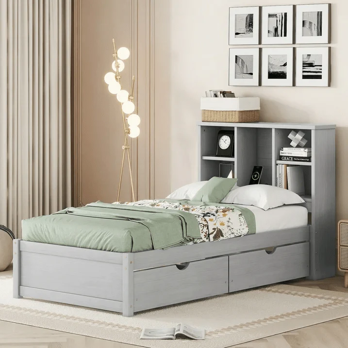 Bookcase Headboard Bed with USB Charging Station & Storage Drawers – Twin, Full, Queen Sizes Modern Bed Frame with Shelving, USB Ports, and Underbed Storage – BED049G Series - Image 9