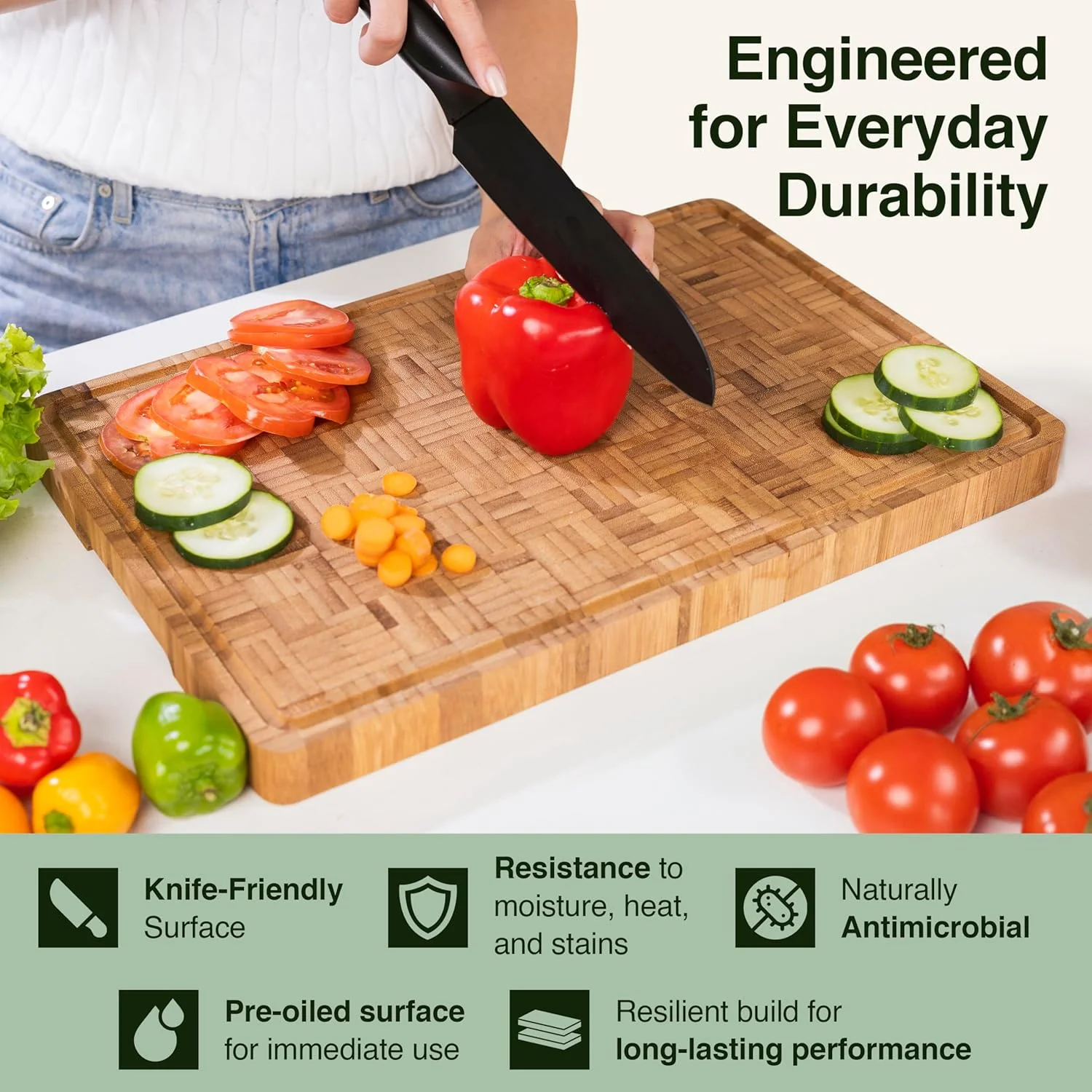 Cactus & Cubby Premium Bamboo Cutting Board 16.5 x 11.8 Inch Carbonised End Grain Butcher Block - Image 2