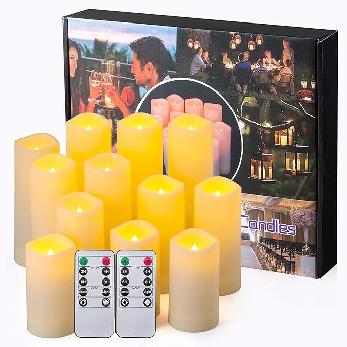 CAKETYCG Flameless LED Candles Set of 12 Waterproof Resin Battery Operated Candles with Remote Timer Ivory