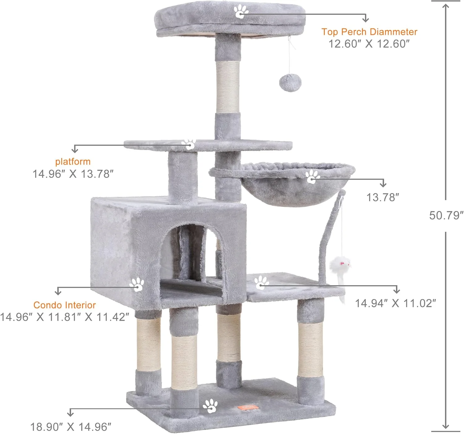 Cat Tree Tower Condo with Hammock & Scratching Posts – Plush Perch &amp; Toy Light Gray HCT004W - Image 4