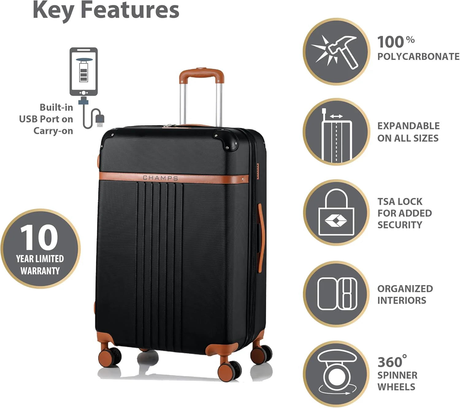 CHAMPS – ‘VINTAGE COLLECTION’ - 2-PIECE HARDSIDE SPINNER LUGGAGE SET, BLACK - Image 2