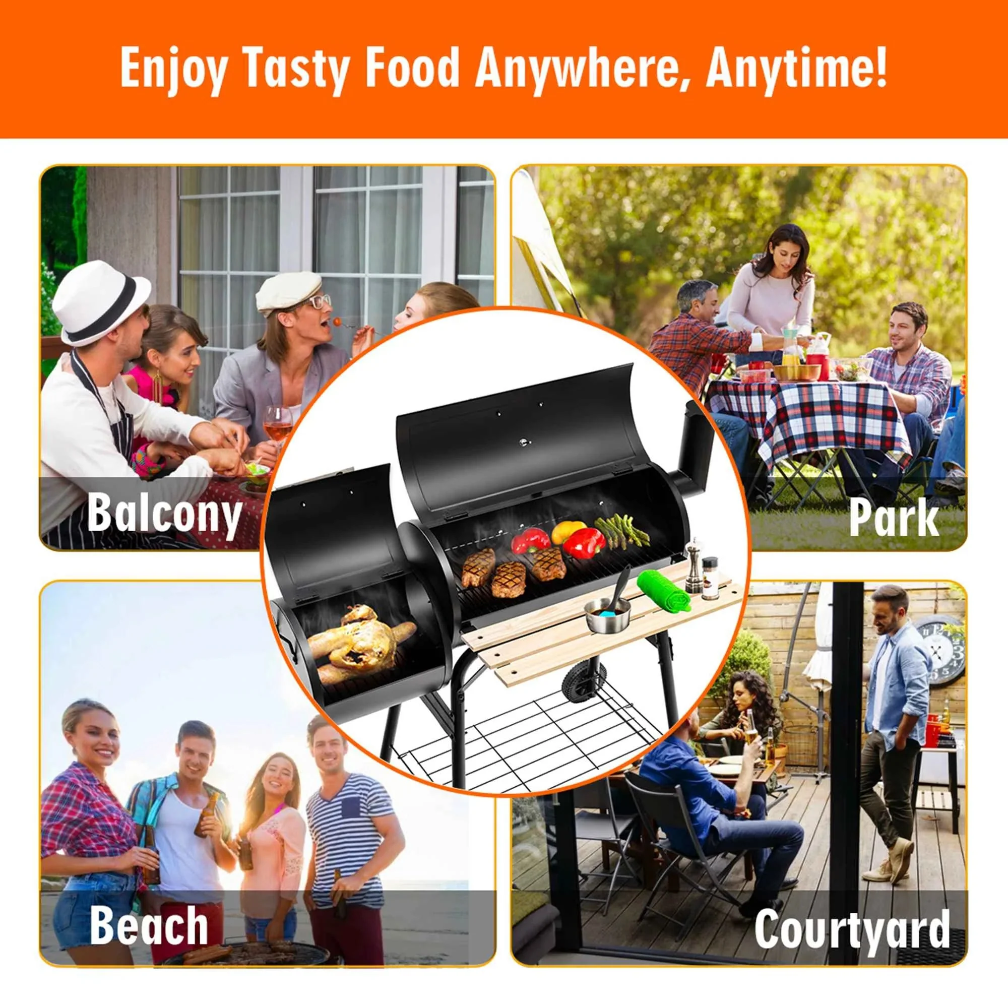 Charcoal BBQ Grill Barbeque Offset Smoker Compact Outdoor Grill Cart SL7038 - Image 3