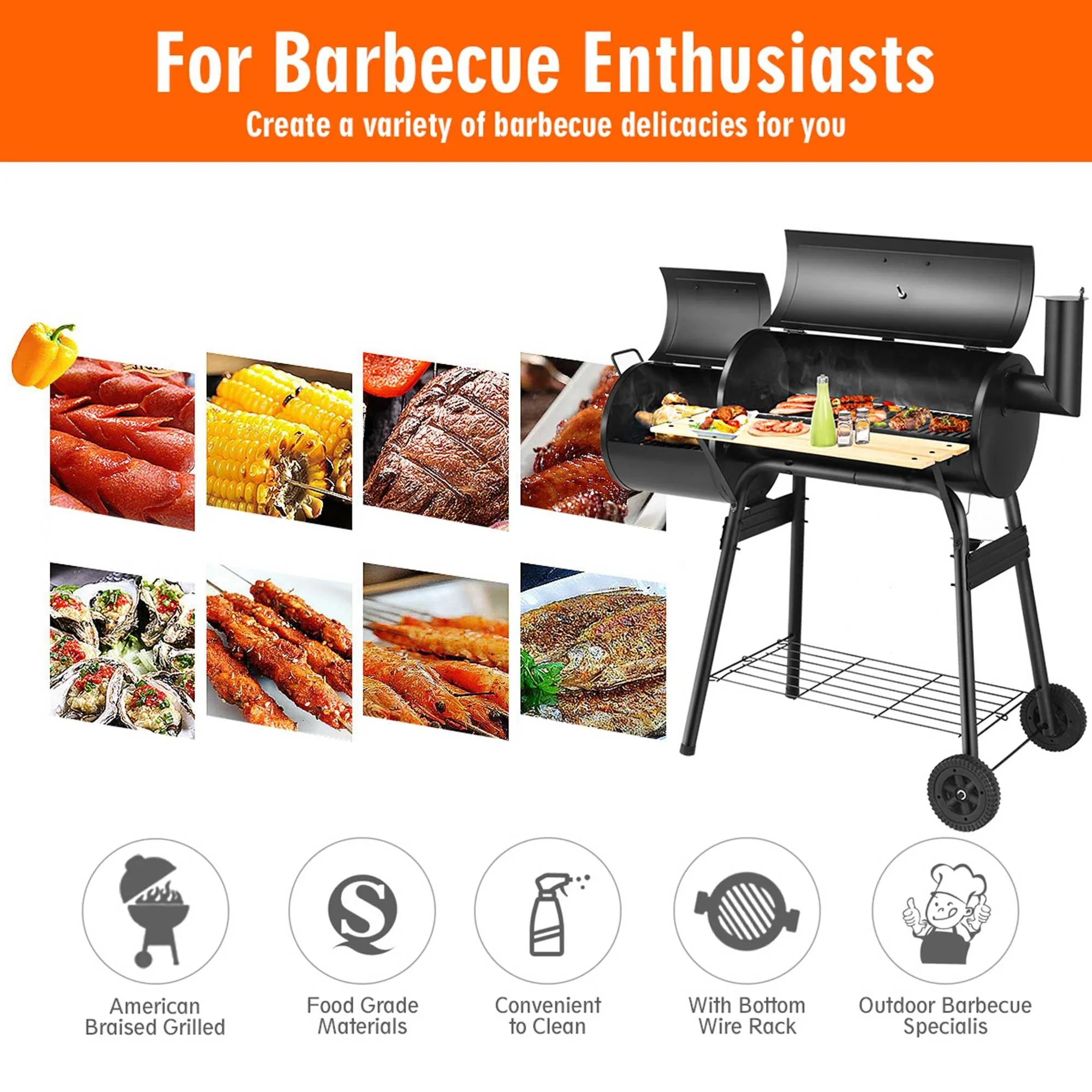 Charcoal BBQ Grill Barbeque Offset Smoker Compact Outdoor Grill Cart SL7038 - Image 4