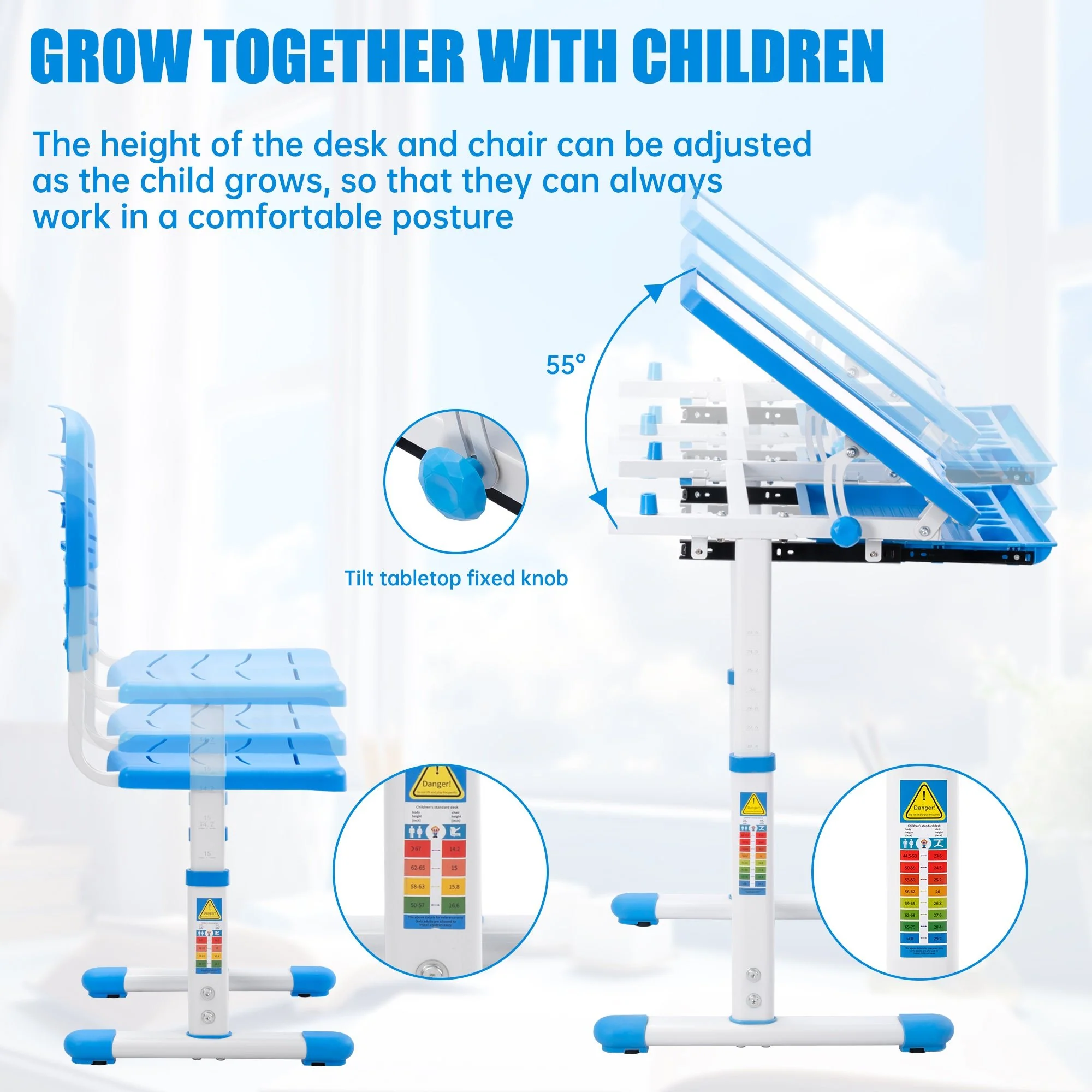 Children’s Adjustable Study Desk & Chair Set with Tilting Desktop AMCDT - Image 4