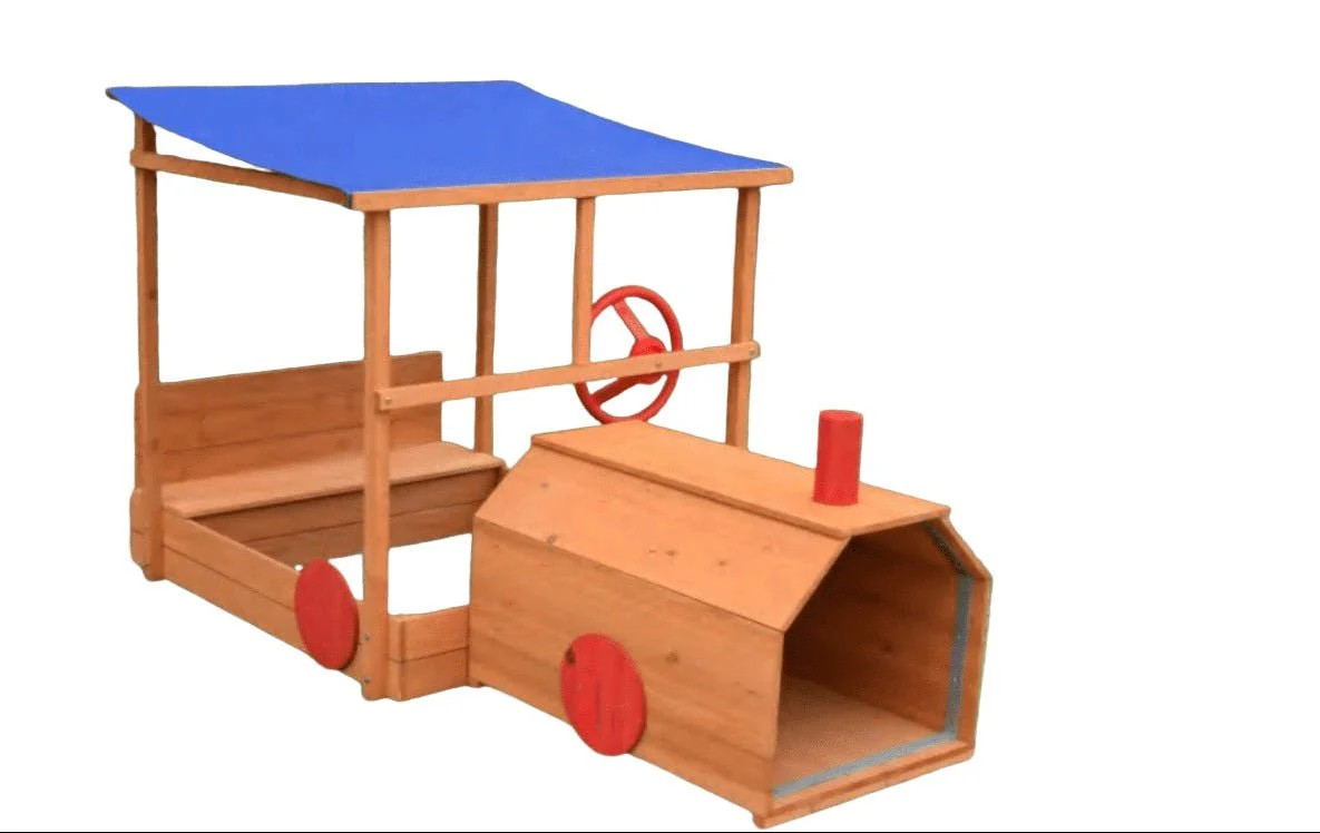 Children’s Train-Shaped Fir Wood Sandbox with Canopy & Steering Wheel – Play Sand Box C611
